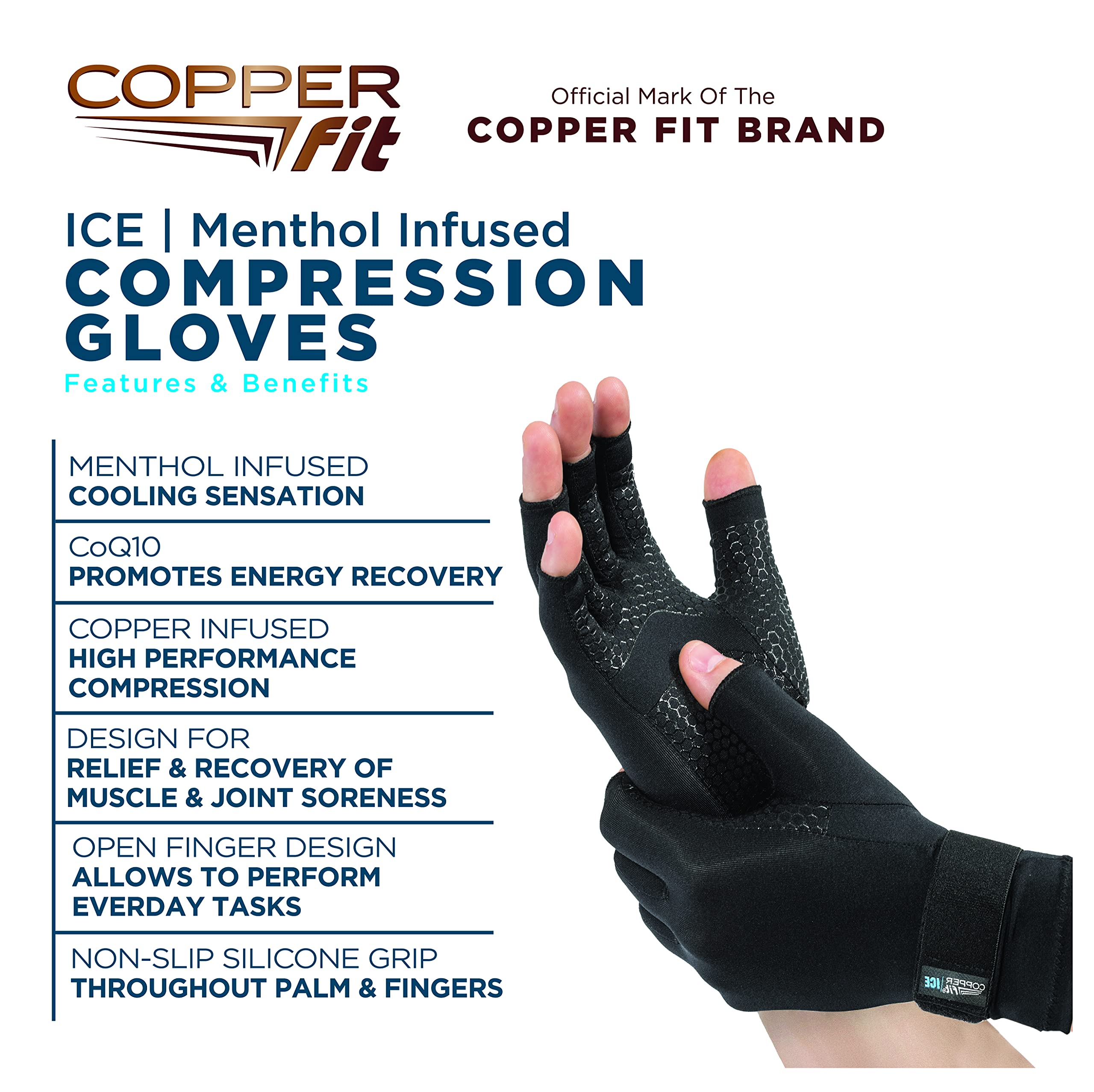 Copper Fit ICE Compression Gloves Infused with Menthol and Coq10 for