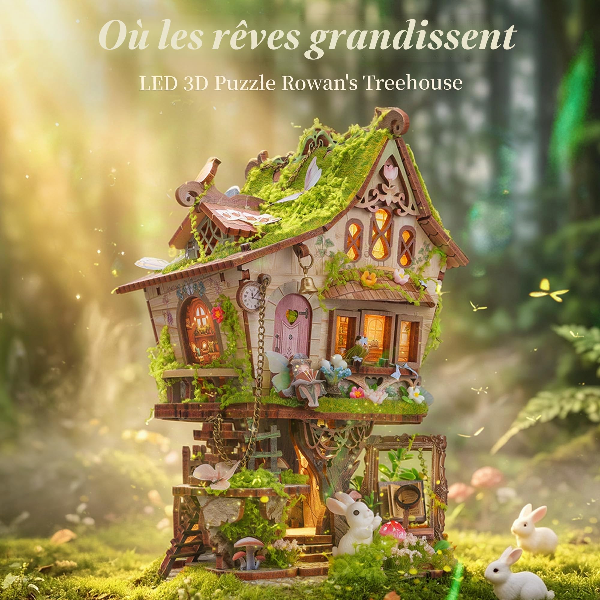 FUNPOLA LED 3D Puzzle Rowan’s Treehouse Kit, Puzzle Miniature Maison de Fée DIY avec Lumière, Décoration de Bibliothèque en Bois Cadeau pour Adultes et Adolescents (A+)