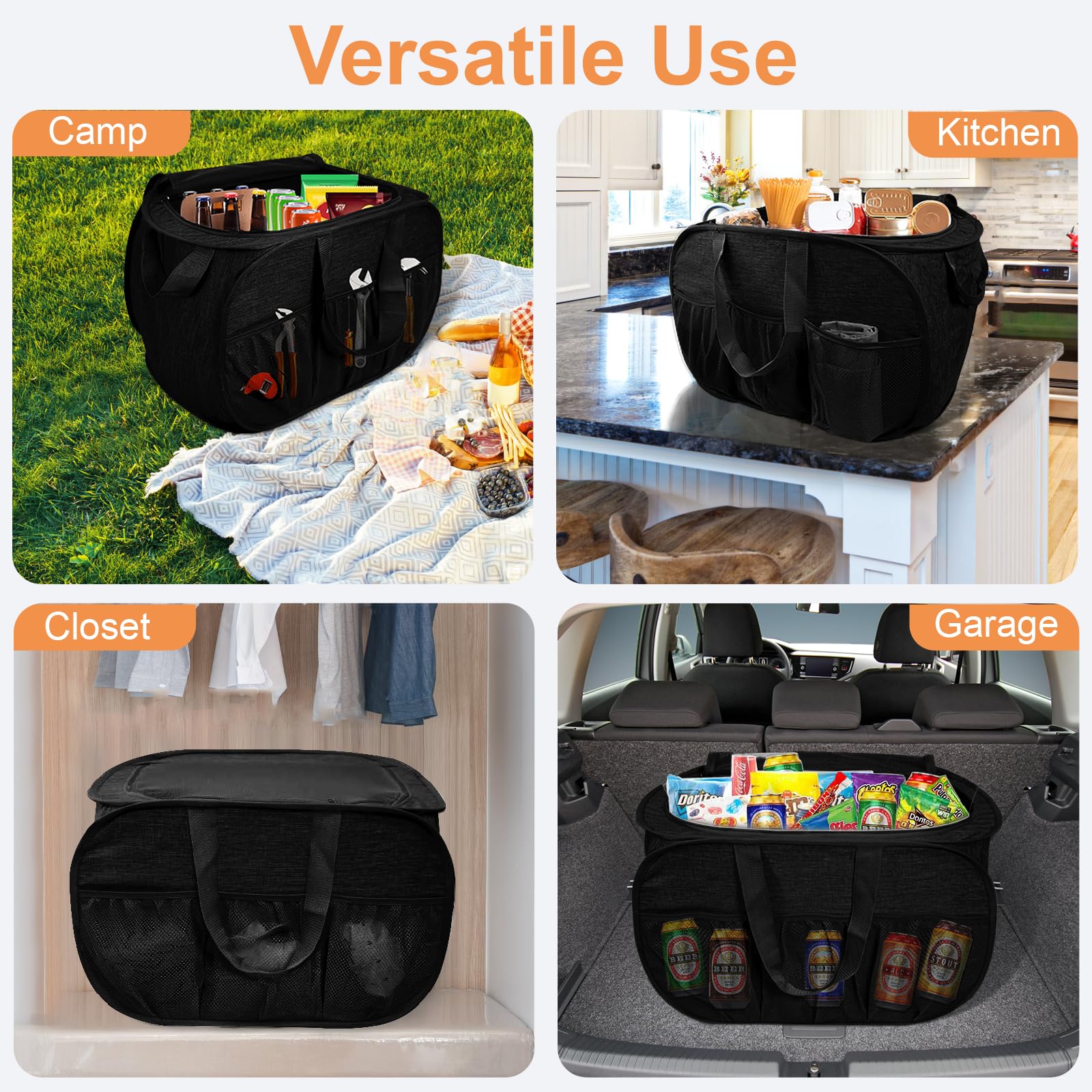 Faltbare Wäschekörbe mit Deckel, faltbarer Wäschekorb mit praktischen Taschen, Pop-Up-Wäschekorb mit zwei Griffen, 99 l, stabile Körbe für Kleidung, Lebensmittel, Zubehör, Werkzeuge, Schwarz, 2 Stück