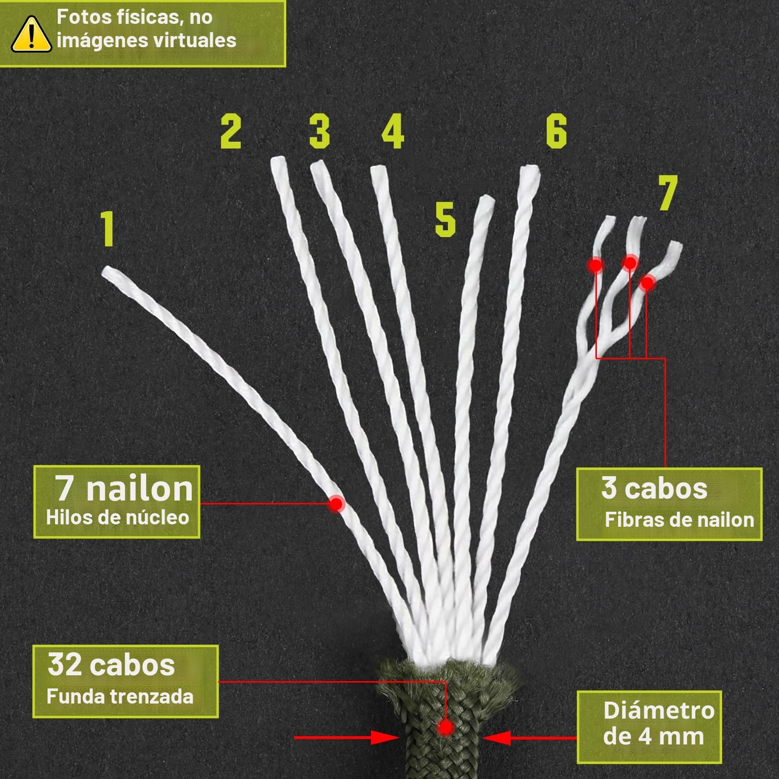 Cuerdas Paracord 10 m 4 mm 7 Hilos Nylon 100% Carga 250 kg Camping Escalada Pulseras