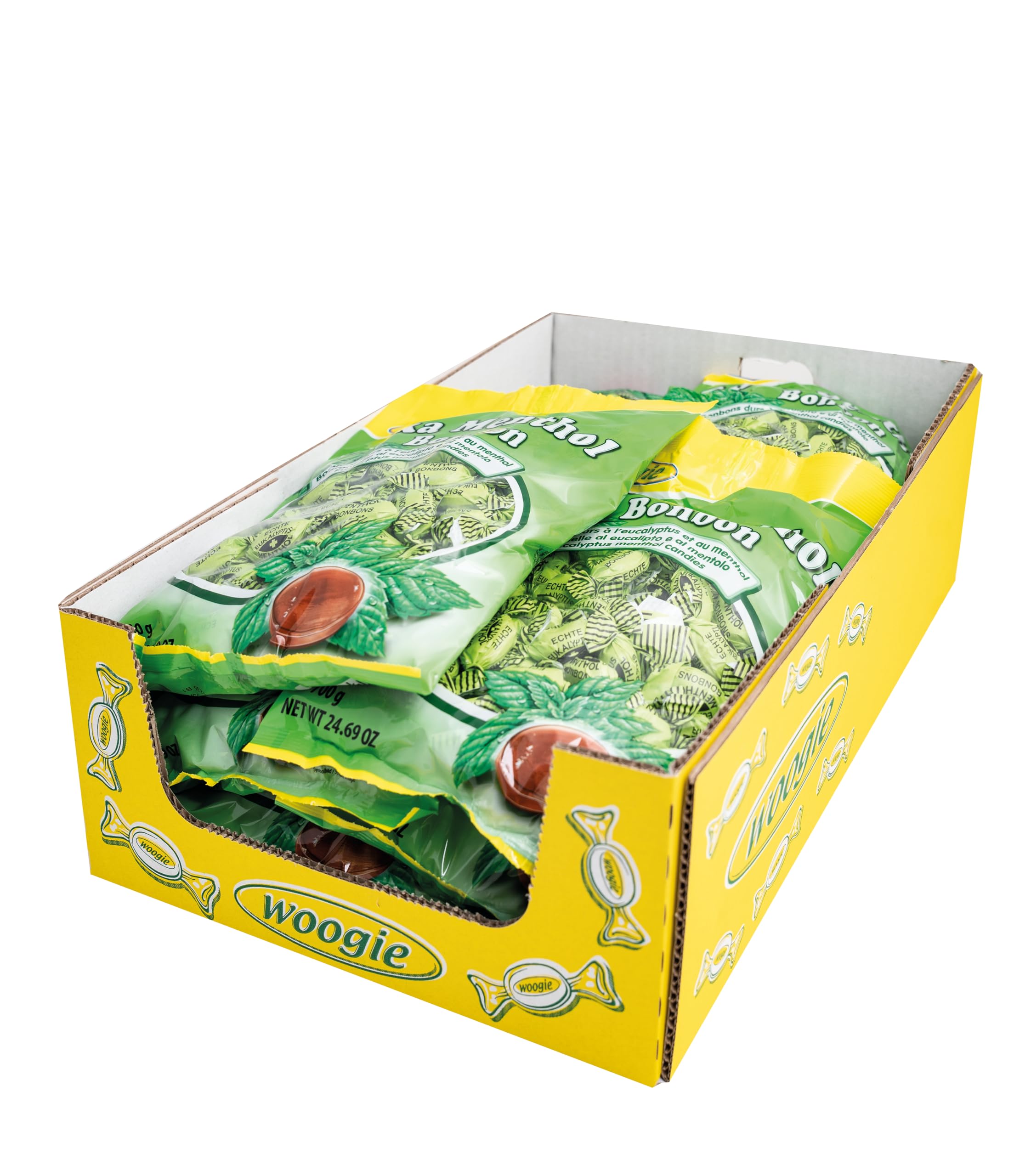 Pastilles Woogie Eucalyptus Menthol 700 g Bonbons durs à l'eucalyptus et au menthol Apaisent la gorge et les voies respiratoires Fraîcheur intense en cas de rhume et de toux Grand format