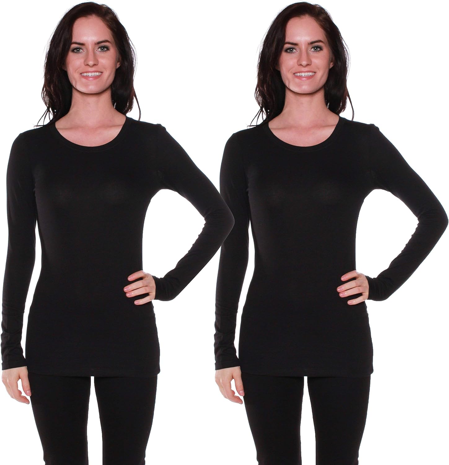 Active Basic Athletic Fitted Plain Long Sleeves Round Crew Neck T Shirt Top, 2 Pack - Black, Black, Small