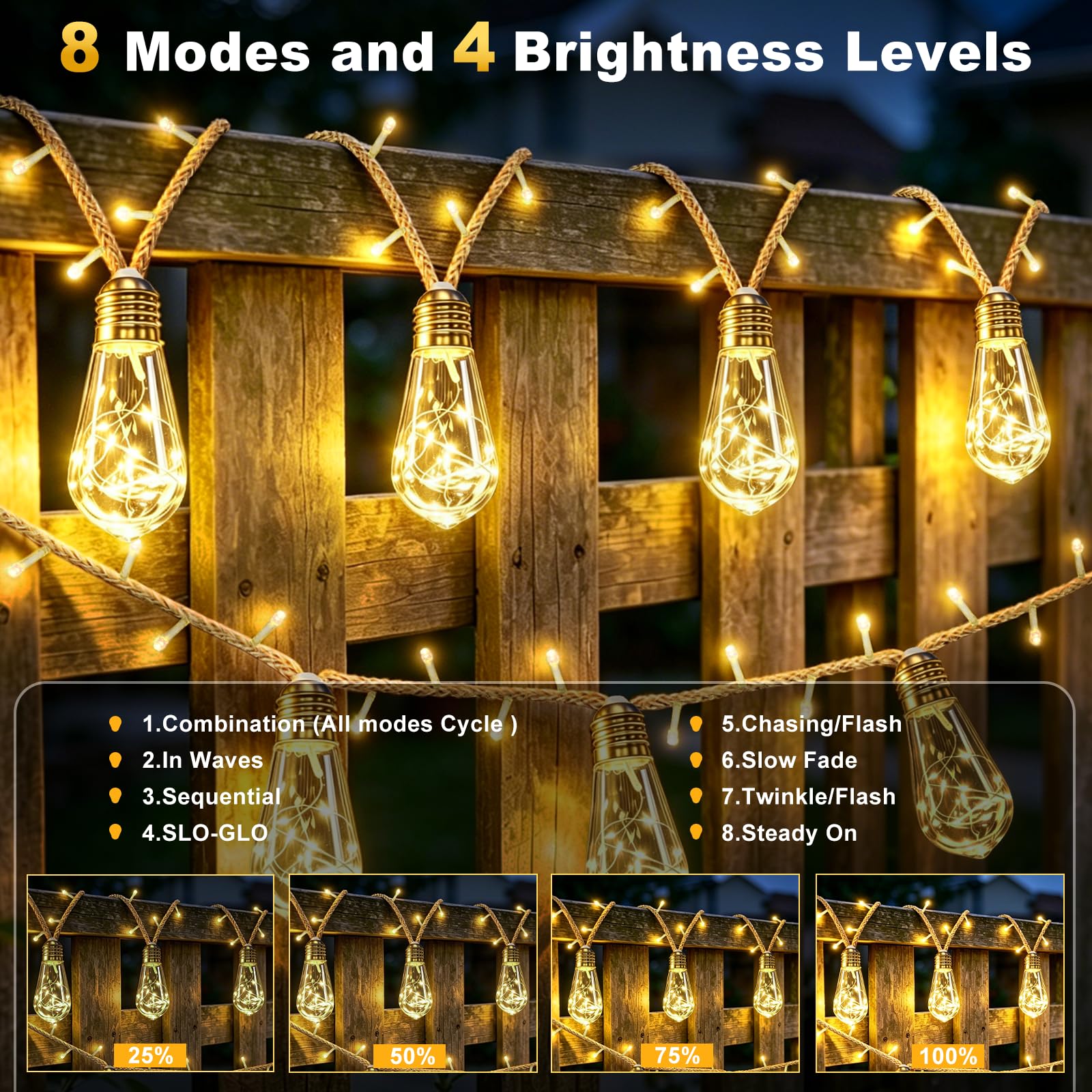 Cadena de luces solares para exteriores, 17,5 m, cadena de luces solares para exteriores, con 30 bombillas, 8 modos, mando a distancia, temporizador, cuerda de cáñamo, cuerda de cáñamo, cadena de