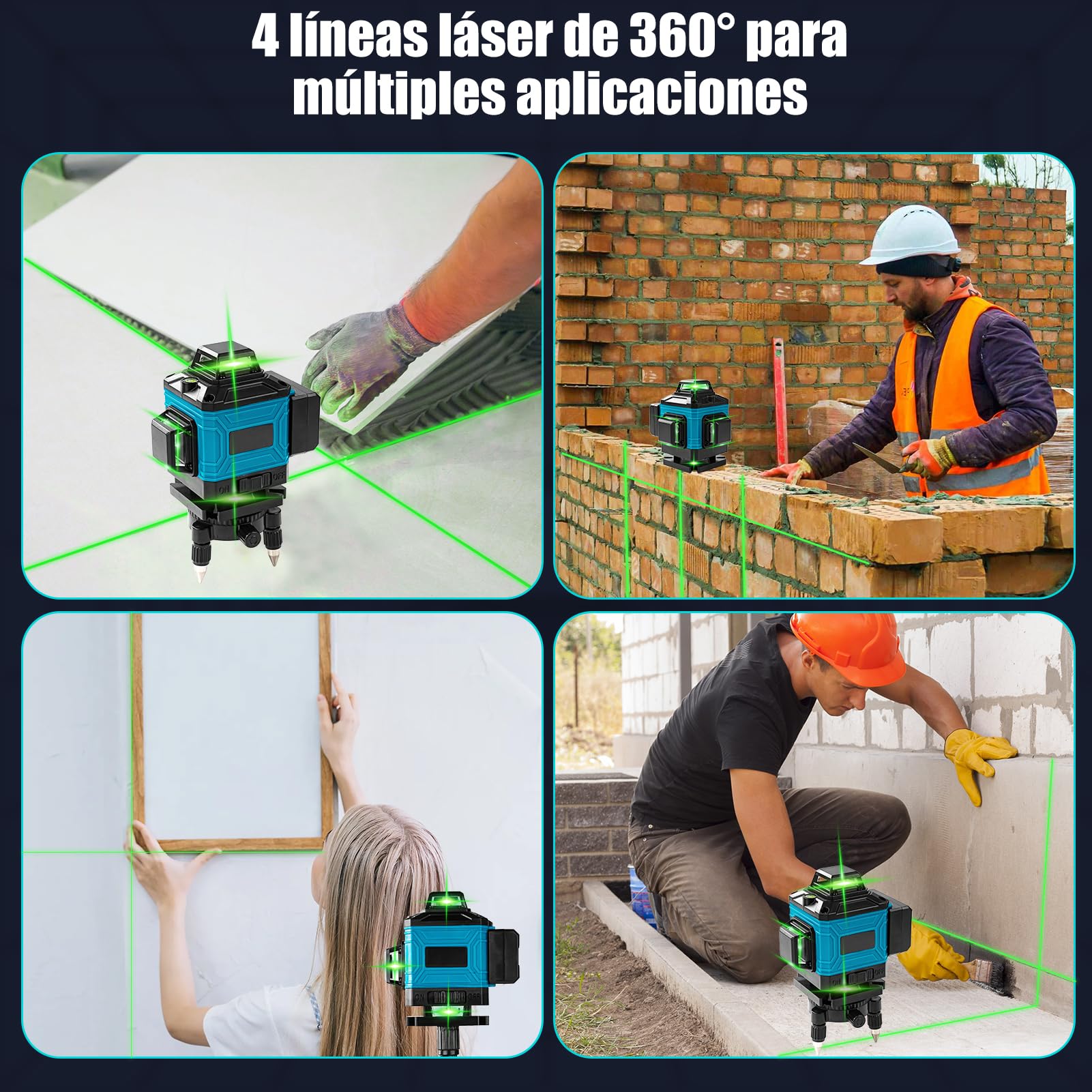 Nivel Laser Autonivelante 360 Grados, Nivel Láser Verde 16 Líneas, Láser de obra horizontal y vertical Haz con control remoto y 2 x 4800mAh Baterías para obras en interiores(azul)