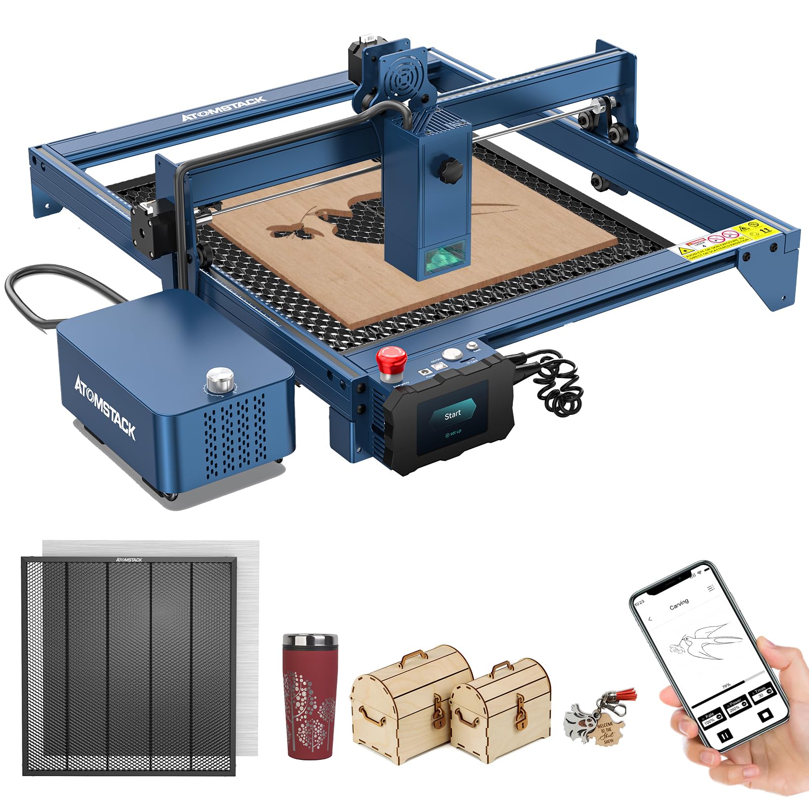 ATOMSTACK X20 Pro Grabadora láser de 20 W con asistencia neumática, mesa de trabajo tipo panal F4N, Laser cutter, máquina de grabado láser de alta precisión para bricolaje madera metal acrílico