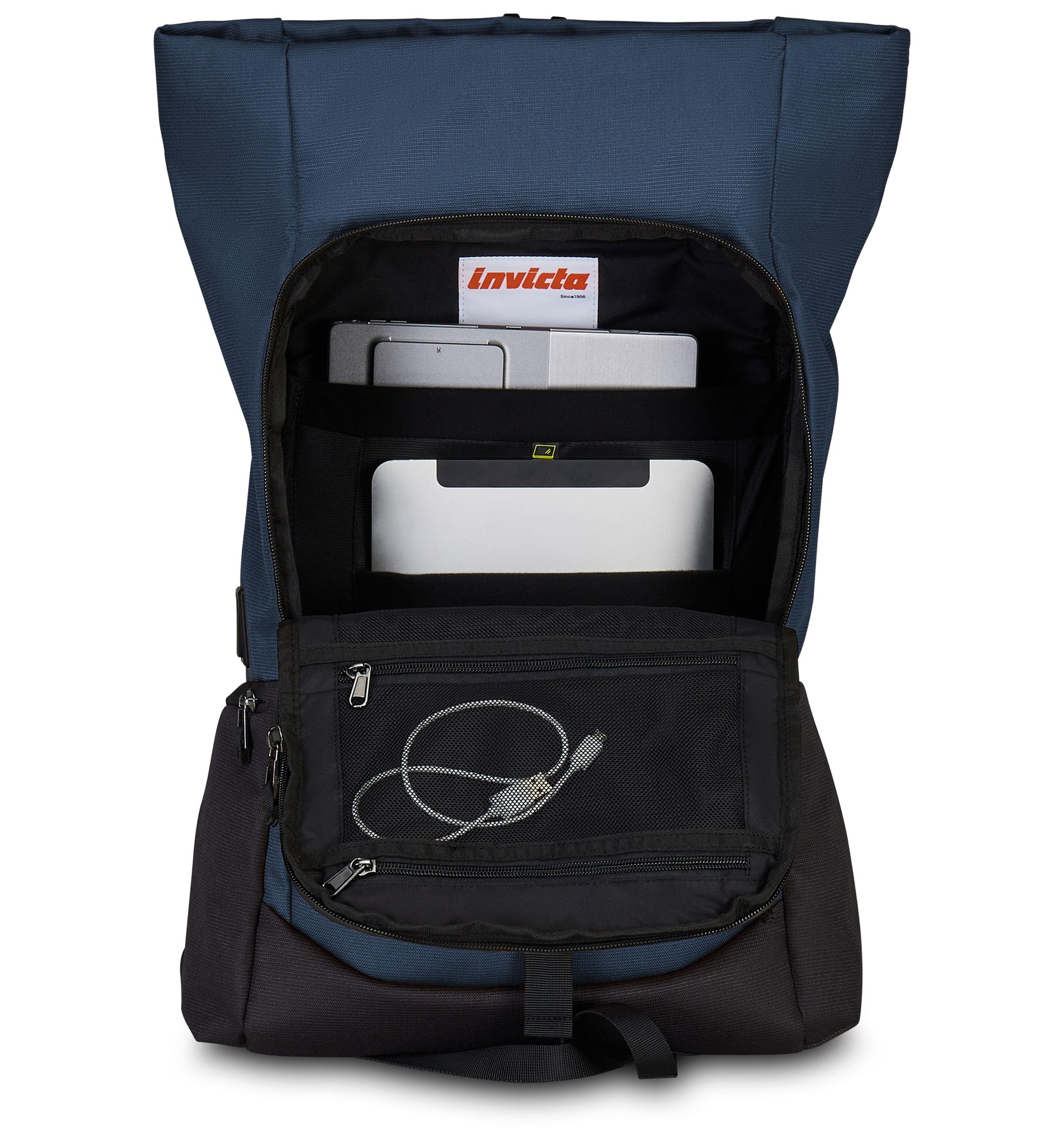 Invicta ZAINO Ufficio ACT FOLD, Zaino monoscomparto roll-top con fondo rinforzato, Blu, Nastro per alloggiamento asta trolley, Tasca Interna Porta PC, Zaino Ufficio e Viaggo