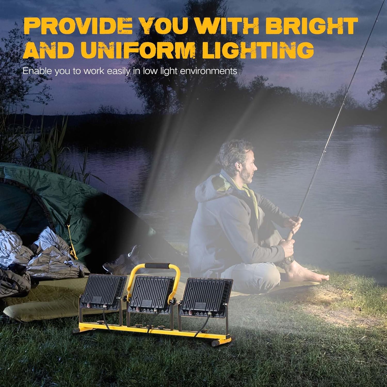 21000 Lumen Work Lights with Stand, 3 Adjustable Head LED Work Light, with Adjustable and Foldable Tripod Stand, Waterproof Lamp with Individual Switch with 6500 Kelvin Color (3-Head-Yellow)