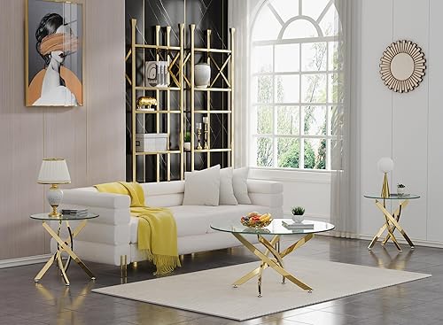 Miniatura 8 de Henf Mesa auxiliar redonda de vidrio moderna con patas de acero con acabado dorado, mesa auxiliar de sofá de vidrio templado contemporáneo para sala