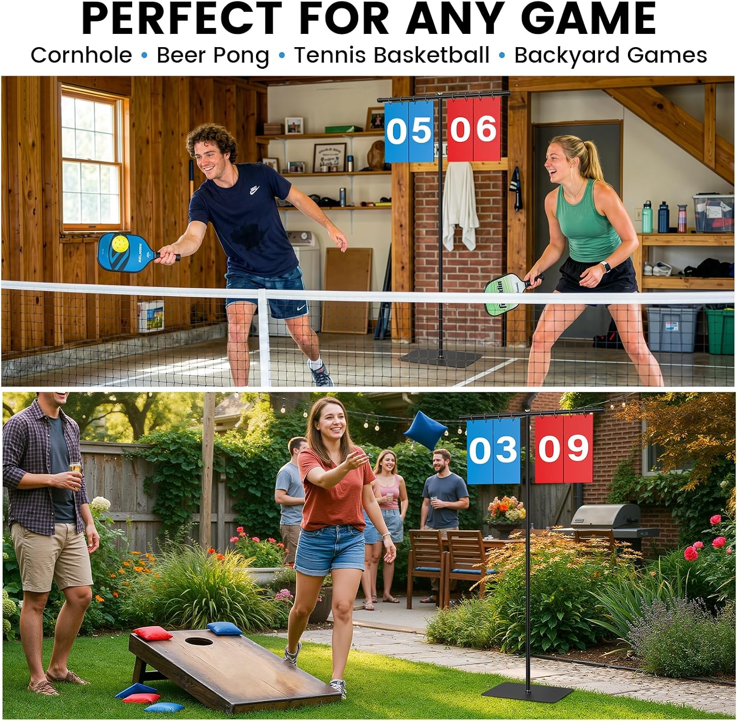 Filp Scoreboard with Adjustable Iron Stand, 60" Extra Large Score Keeper with Heavy Duty Stable Base, Waterproof PVC Flip Cards, Easy Read Sports Scoreboard for Cornhole, Tennis, Basketball Games