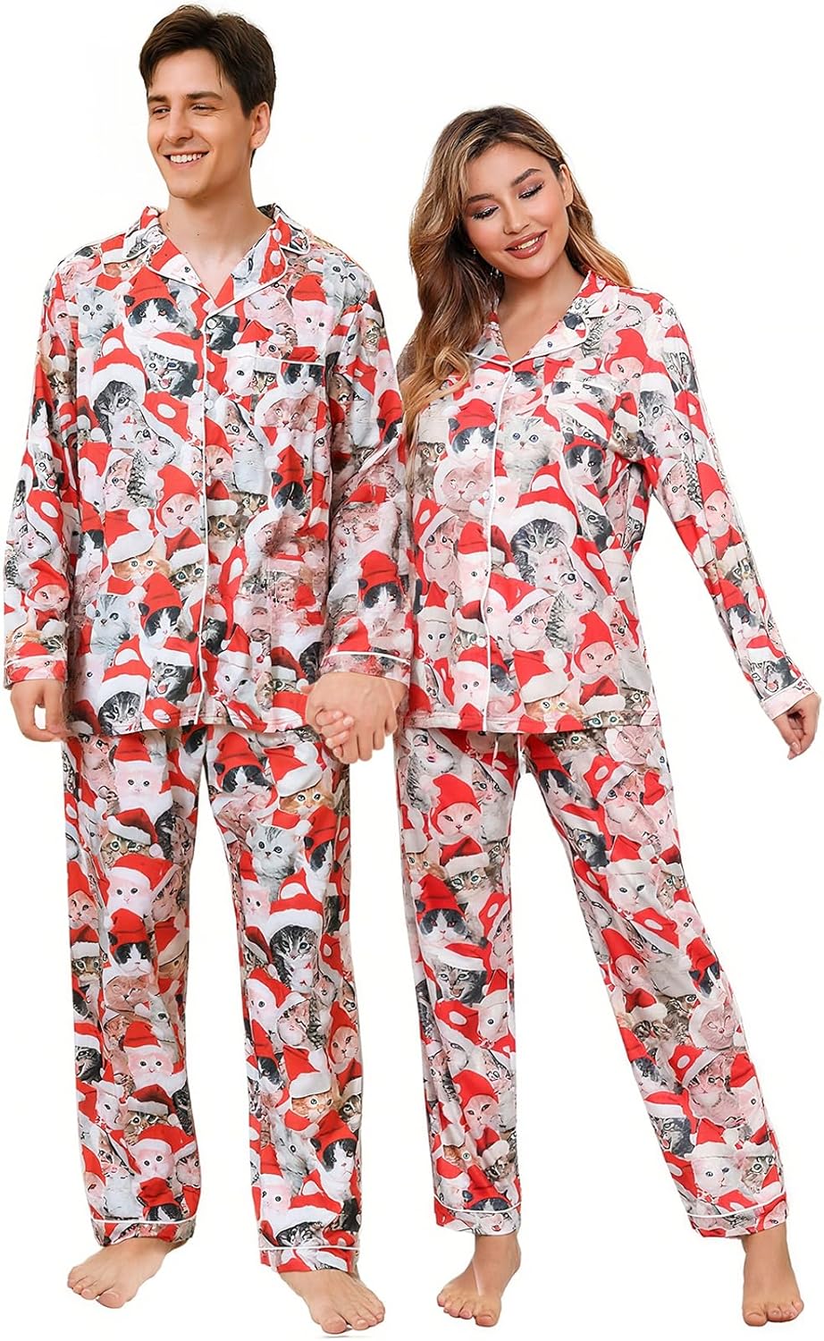 RAISEVERN Couples Christmas Matching Pajamas Set Women Men Xmas Pjs Soft Pyiama Set Long Sleeve Loungewear Warm Sleepwear