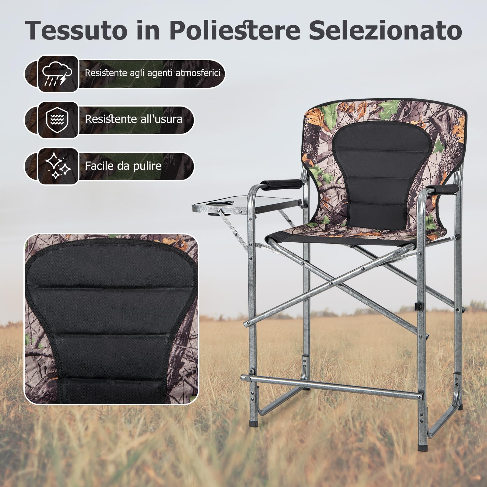 GYMAX Sedia da Caccia Pieghevole con Schienale Reclinabile, Braccioli Imbottiti in Schiuma e Poggiapiedi Rimovibile, Sedia da Campeggio con Struttura a Croce Alta, Capacità di Peso 150KG