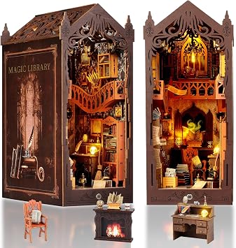 DIY Book Nook Kit 3D Wooden Puzzle Shelf Insert with LED Light - Miniature Dollhouse Bookend Decor for Adults and Teens - Creative Gift
