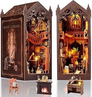 DIY Book Nook Kit: 3D Wooden Puzzle Shelf Insert with LED Light - Miniature Dollhouse Bookend Decor for Adults and Teens - Creative Gift