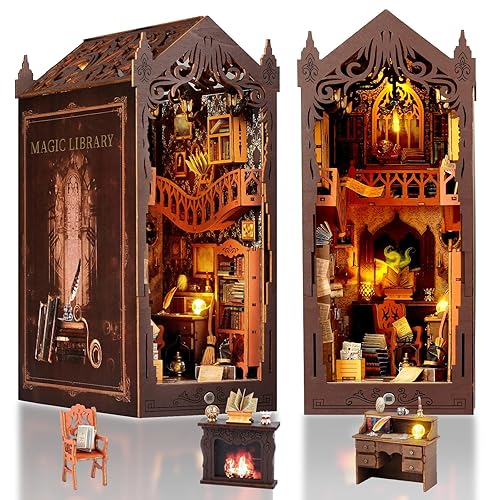 FASTSPOK DIY Book Nook Kit: 3D Wooden Puzzle Shelf Insert with LED Light - Miniature Dollhouse Bookend Decor for Adults and Teens - Creative Gift
