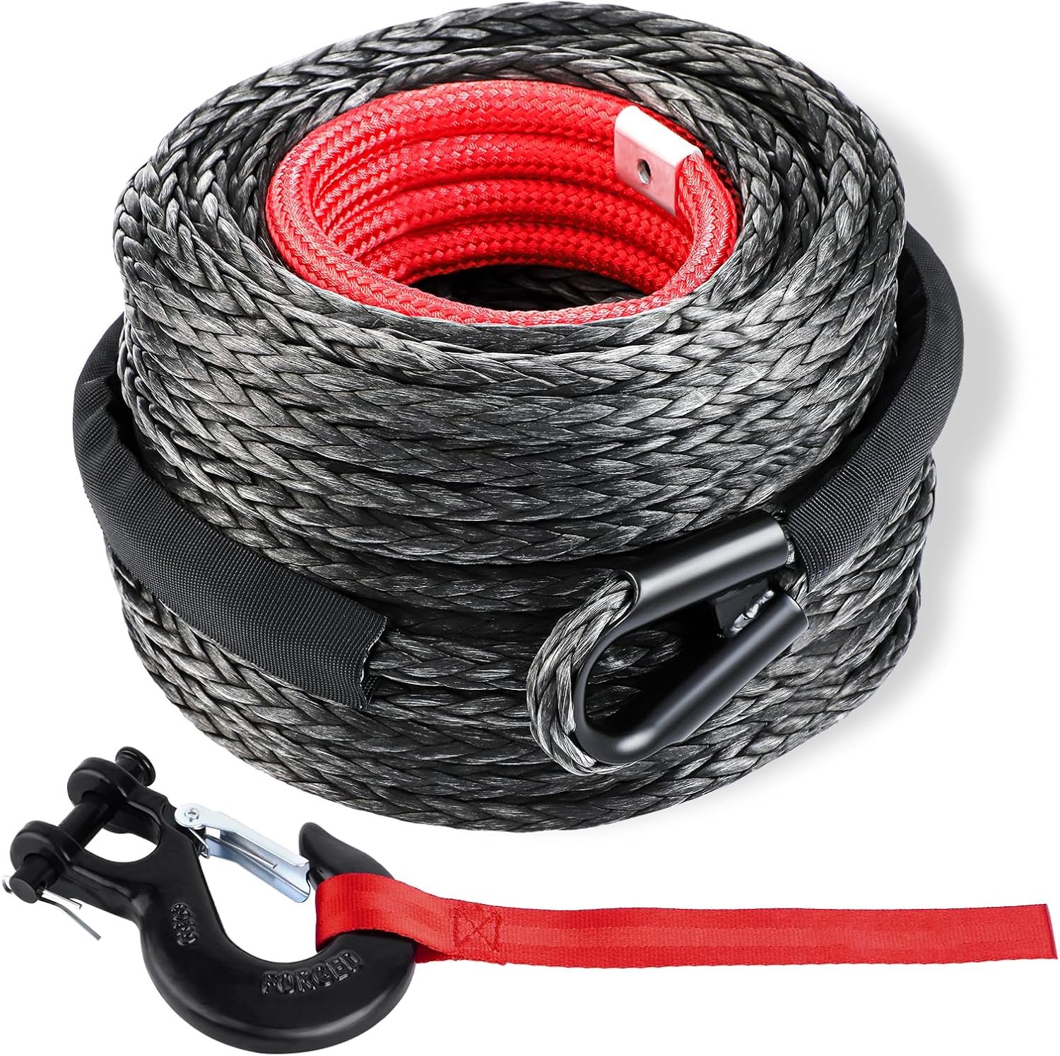 SPARKWHIZ 3/8" Synthetic Winch Rope Cable Kit x 100 ft 26500lbs Winch Line Cable with Protective Sleeve and Hook for 4WD Off Road Vehicle Truck SUV ATV UTV