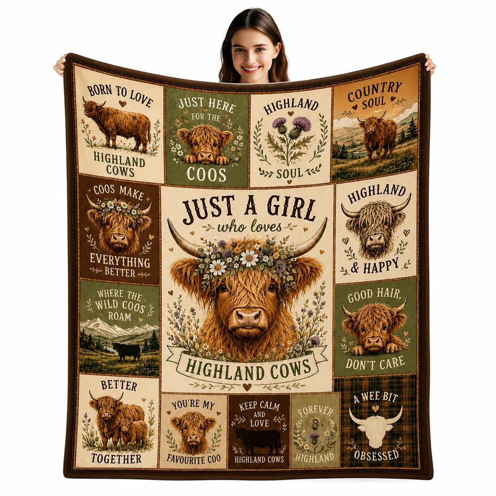 Highland Cow Blanket 130 x 150 cm, Soft Throw for Sofa Bed Travel and Camping, Highland Cow Gifts for Women, Cow Lover Birthday for Friend, Cosy Rustic Farmhouse Home Decor