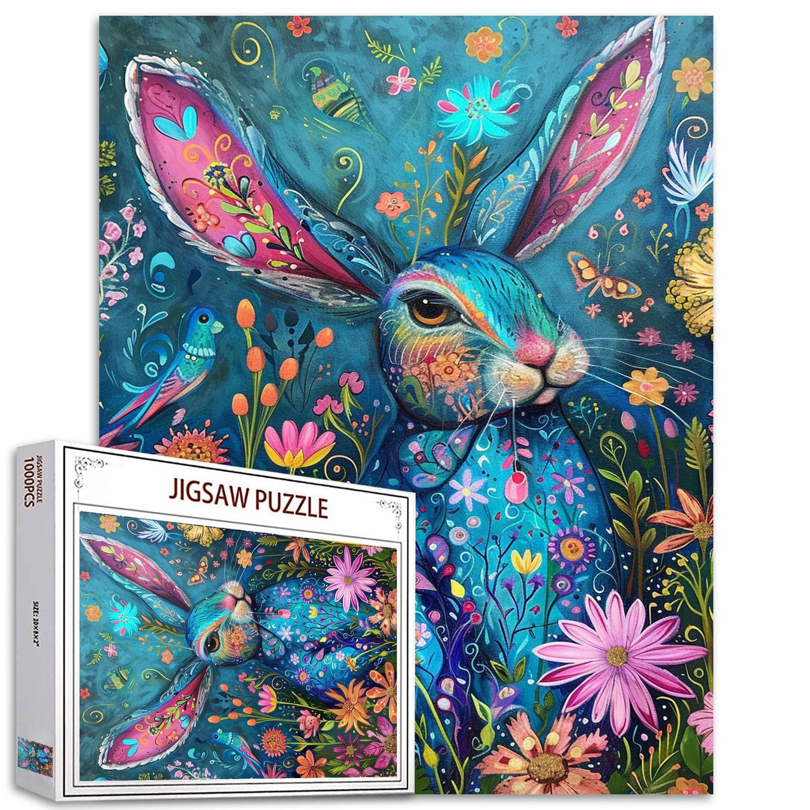 Tucocoo 1000 Piece Jigsaw Puzzles for Adults Blue Rabbit Jigsaw Puzzle Abstract Floral Bunny 1000 Pieces Puzzles for Challenging Family Activity Game Fantasy Animals Art DIY Puzzle Wall Decor Gifts โ image 1