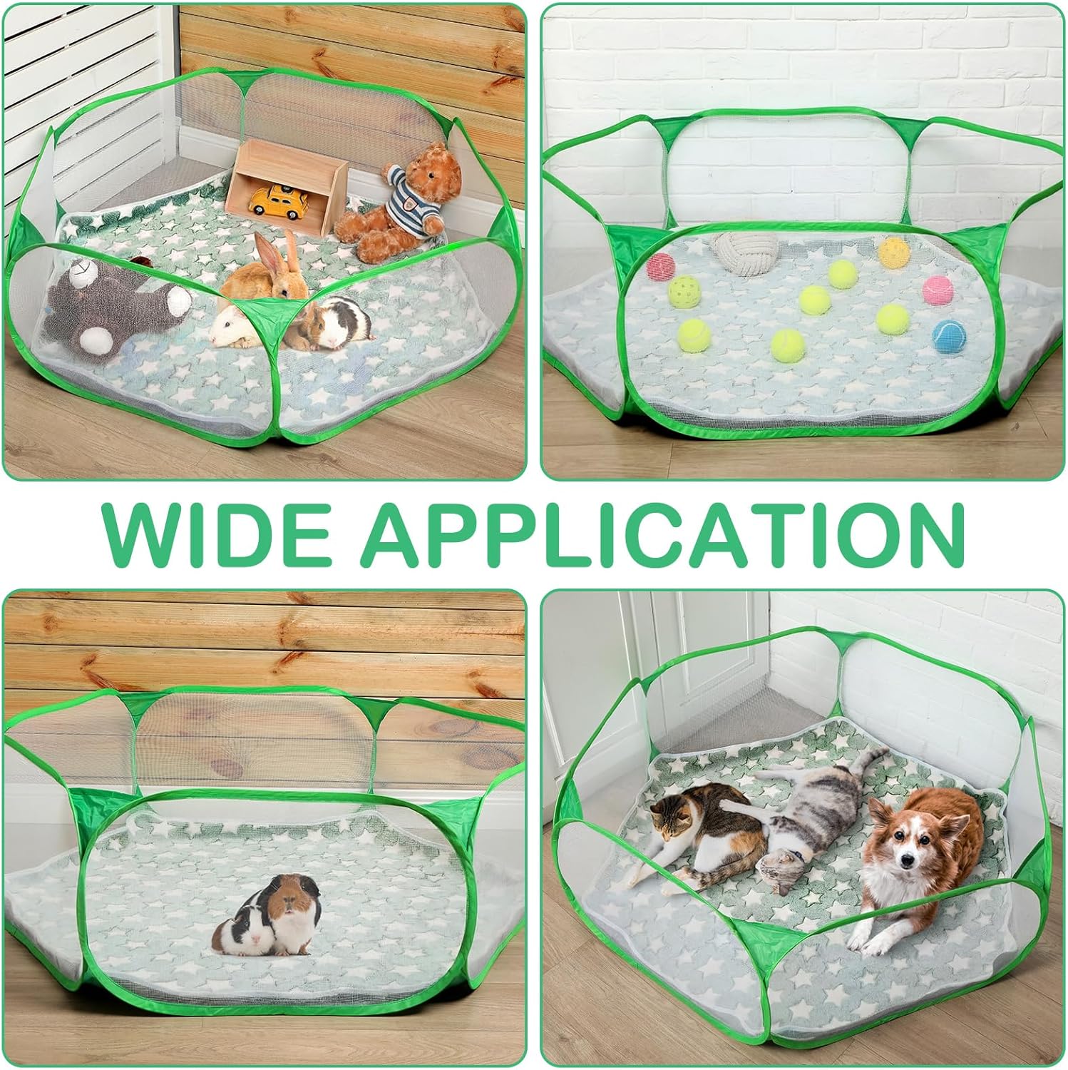 VitalCozy Hamster Playpen with Mat Small Animal Cage Tent Breathable Transparent Guinea Pig Playpen Waterproof Portable Yard Fence Mat Foldable Exercise Cage Outdoor Indoor (Green,Star)