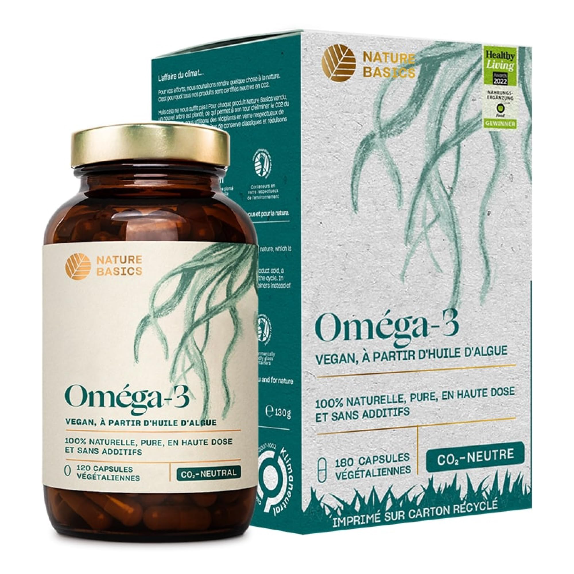 Nature Basics® Huile d'algues Oméga 3 végétalienne | 120 (!) gélules hautement dosées dans un bocal en verre | certifié durable & neutre en CO2 | Par gélule 455mg naturels avec 30% DHA & 15% EPA