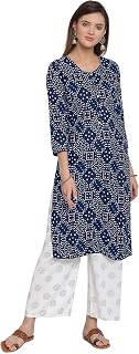 Women's Straight Fit Rayon Bandhani Printed Kurta with Plazzo Pants