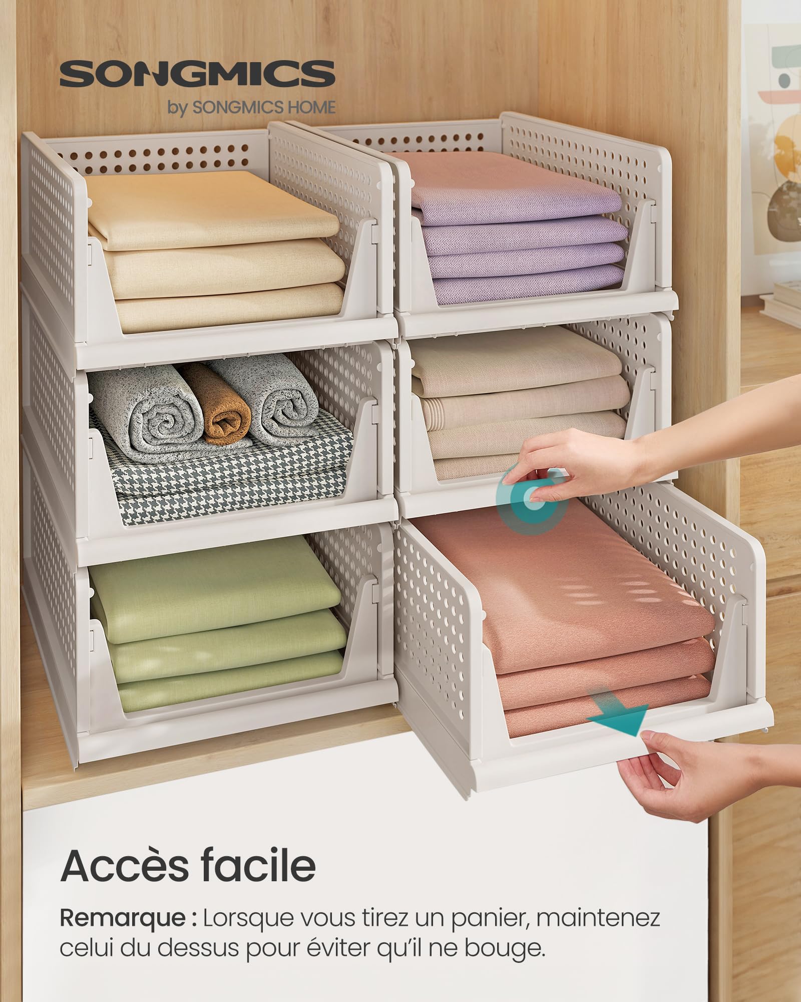 SONGMICS Organisateur d’Armoire Pliable, Lot de 6, Tiroir Coulissant Empilable, Panier, Étagère de Rangement, en Plastique, pour Chambre, Bureau, Salle de Bain, Blanc LPC600WZ01