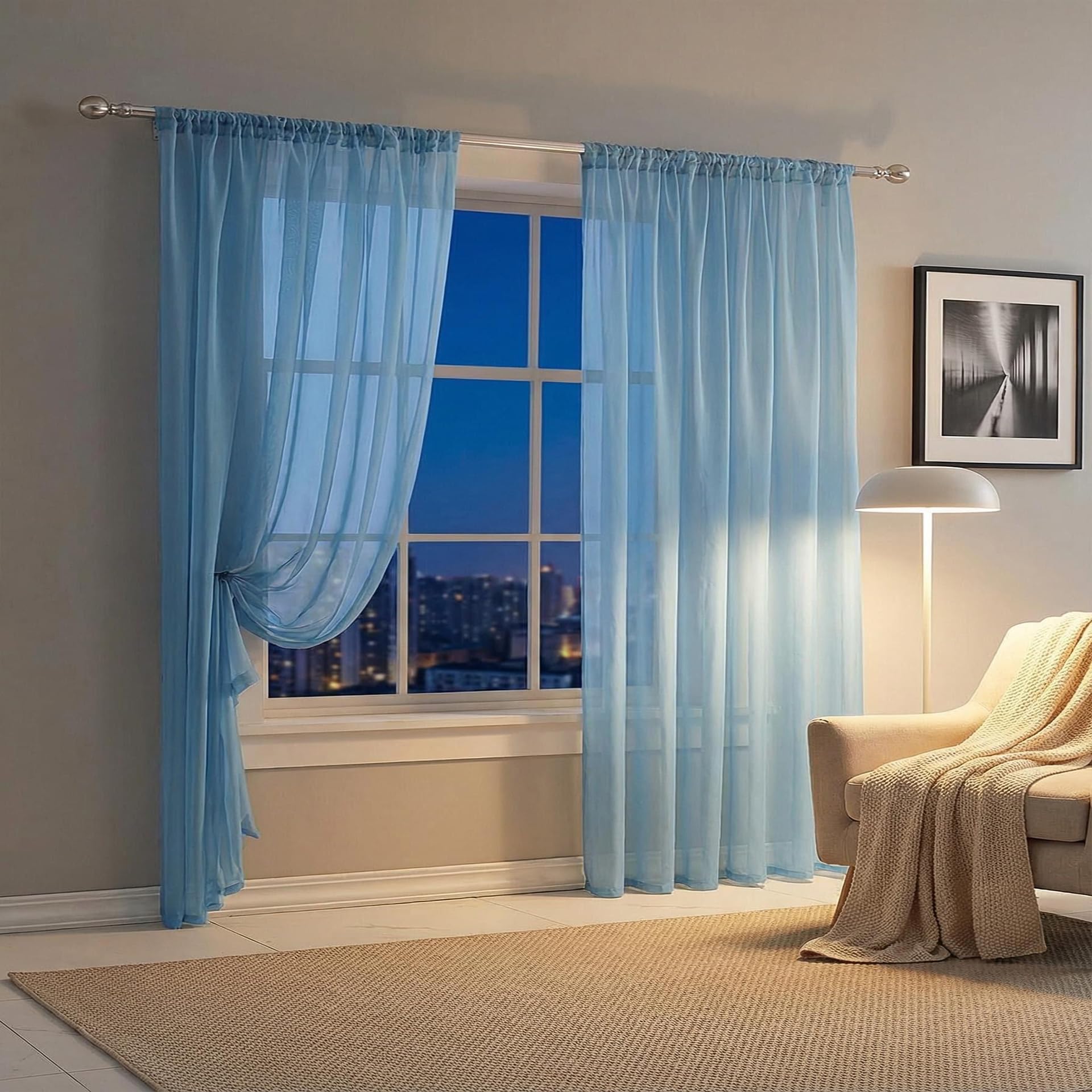 AMZYU Net Curtains for Windows 210 x 130 cm Light Filtering Sheer Curtains Short Airy & Lightweight Elegant, Machine Washable for Bedroom and Kitchen, Sky Blue