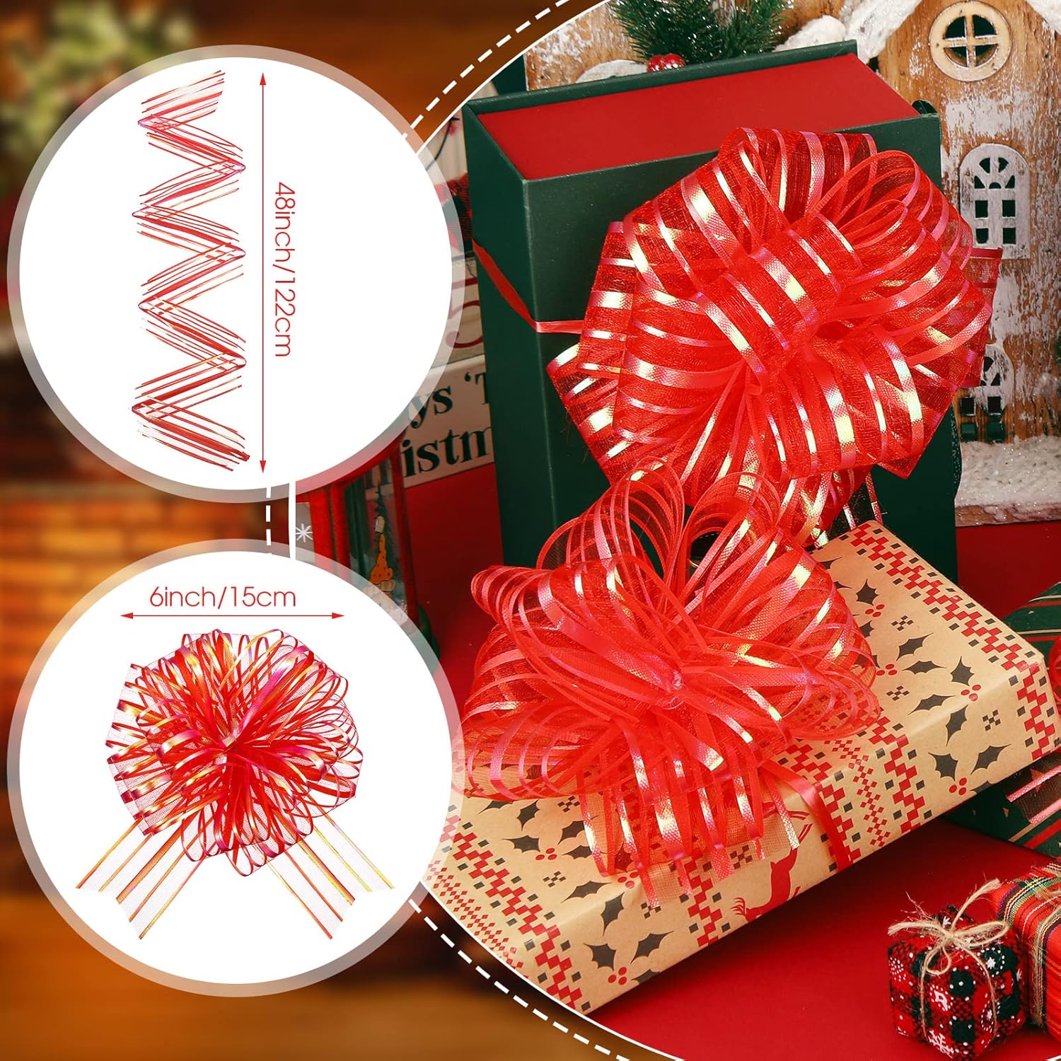 Poen 24 Pcs Organza Pull Bows Christmas 6 Inch Large Gift Wrapping Ribbon Bows Crafts for Present Wrapping with Ribbon for Gift Baskets Wedding Valentine Party Decor(Red) - Image 5