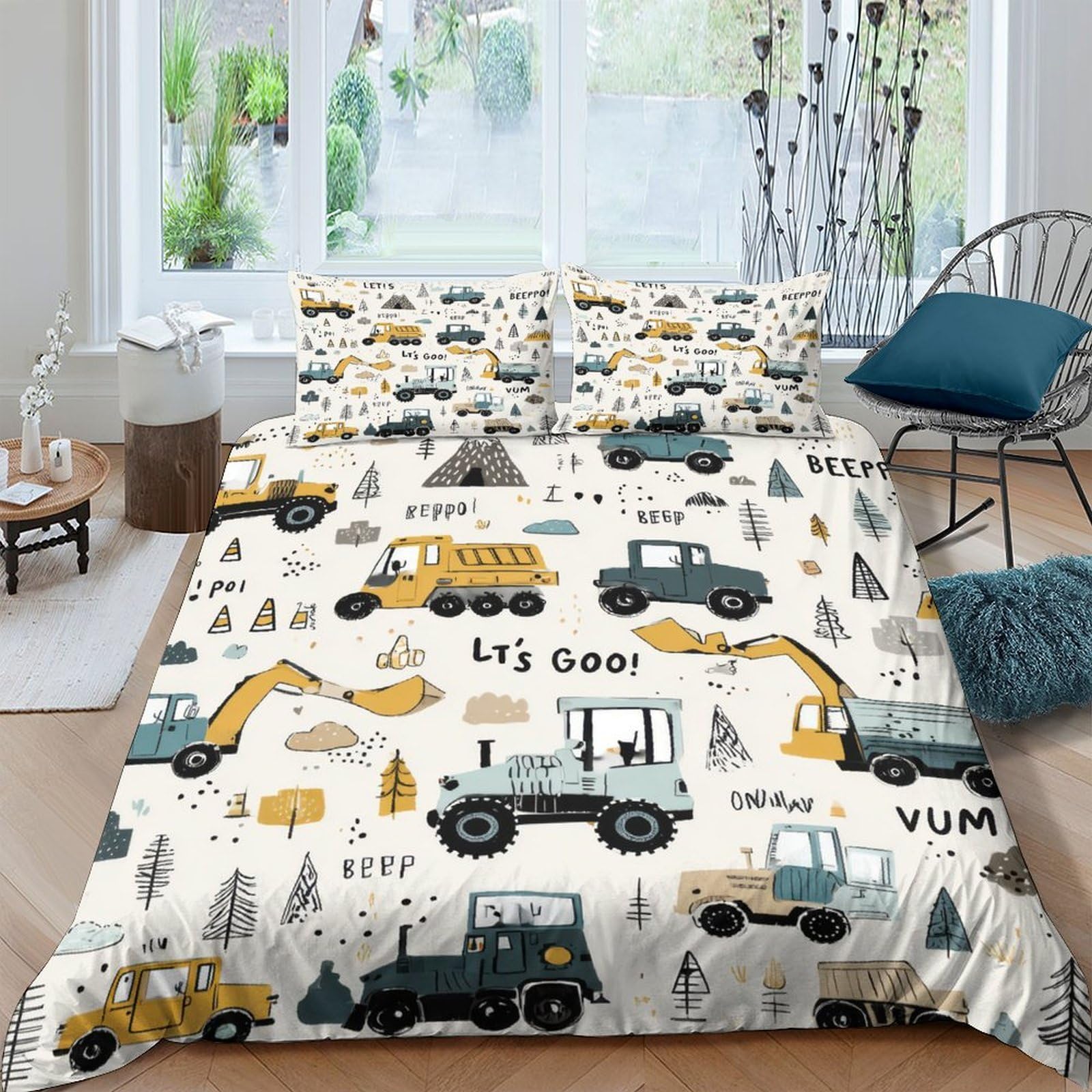 GPLZQXKJNH 3D Printed Construction Vehicle Duvet Cover Microfiber Soft Breathable Excavator Bedding Set with 2 Pillowcases for Bedroom Decor Single（135x200cm）
