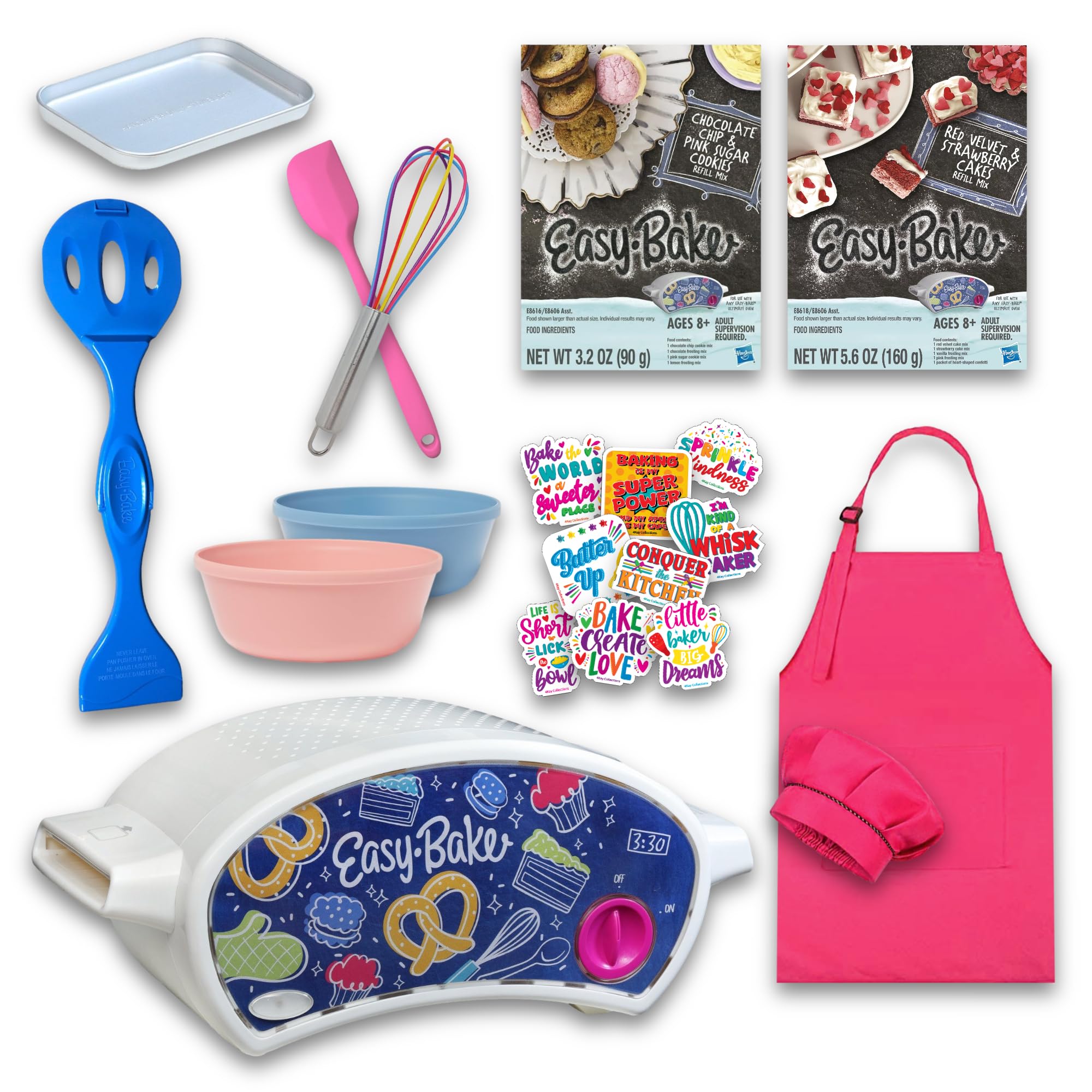 Ultimate Easy Baking Oven Bundle For Kids With 19 Items - Oven, 2 Refill Mixes, Apron, Hat, Bowl, Spatula, Whisk, 9 Stickers, Baking Pan & Tool (Heroic Hot Pink Baker Bundle)