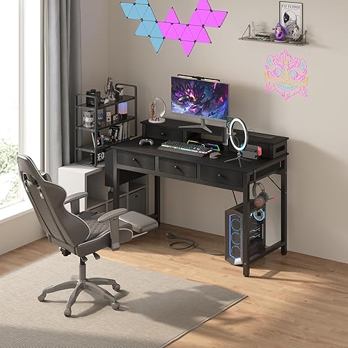 Miniatura 4 de Lufeiya Escritorio de computadora con cajones para oficina en casa, dormitorio, escritorio negro de 40 pulgadas para escritura, estudio, maestros