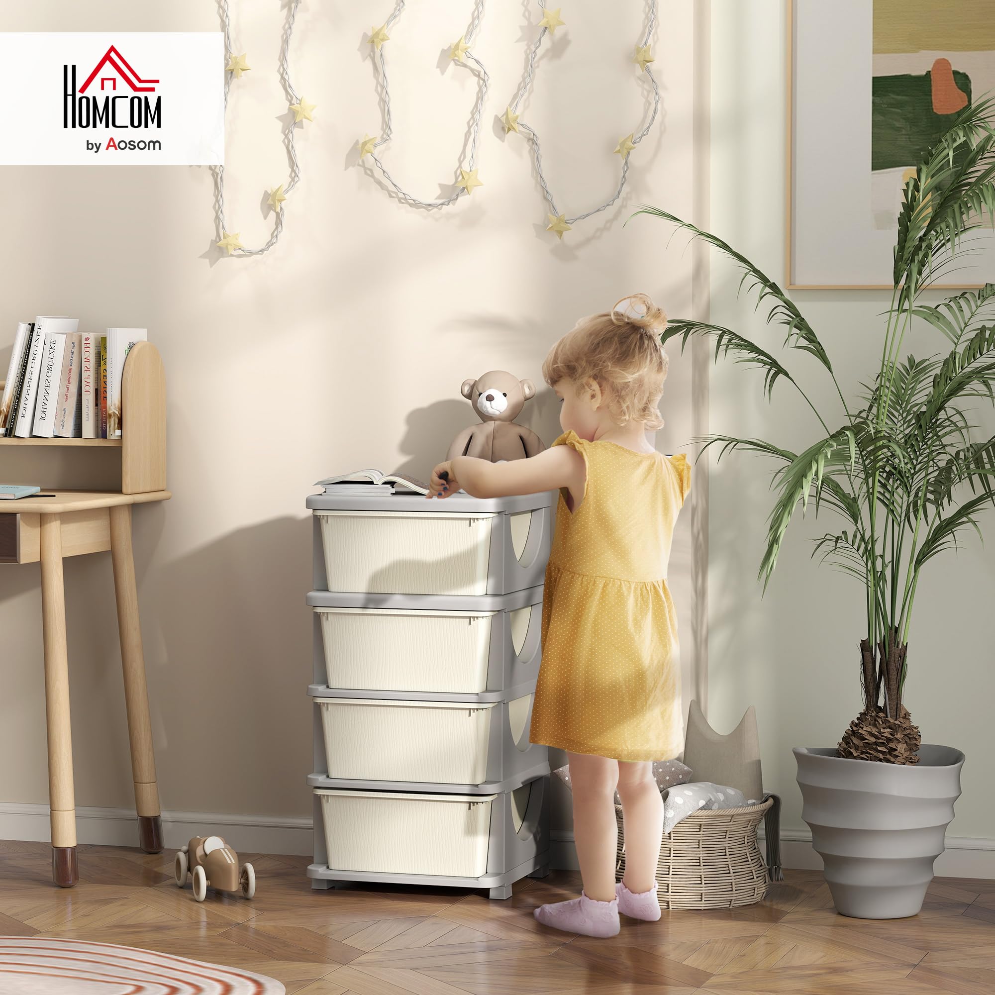 HOMCOM Schubladenschrank für Kinder mit Stauraum Aufbewahrungsboxen Spielzeug-Organizer Spielzeugkiste vier Ebenen für Kinderzimmer 3-6 Jahre Kindermöbel Cremeweiß 37 x 37 x 76 cm