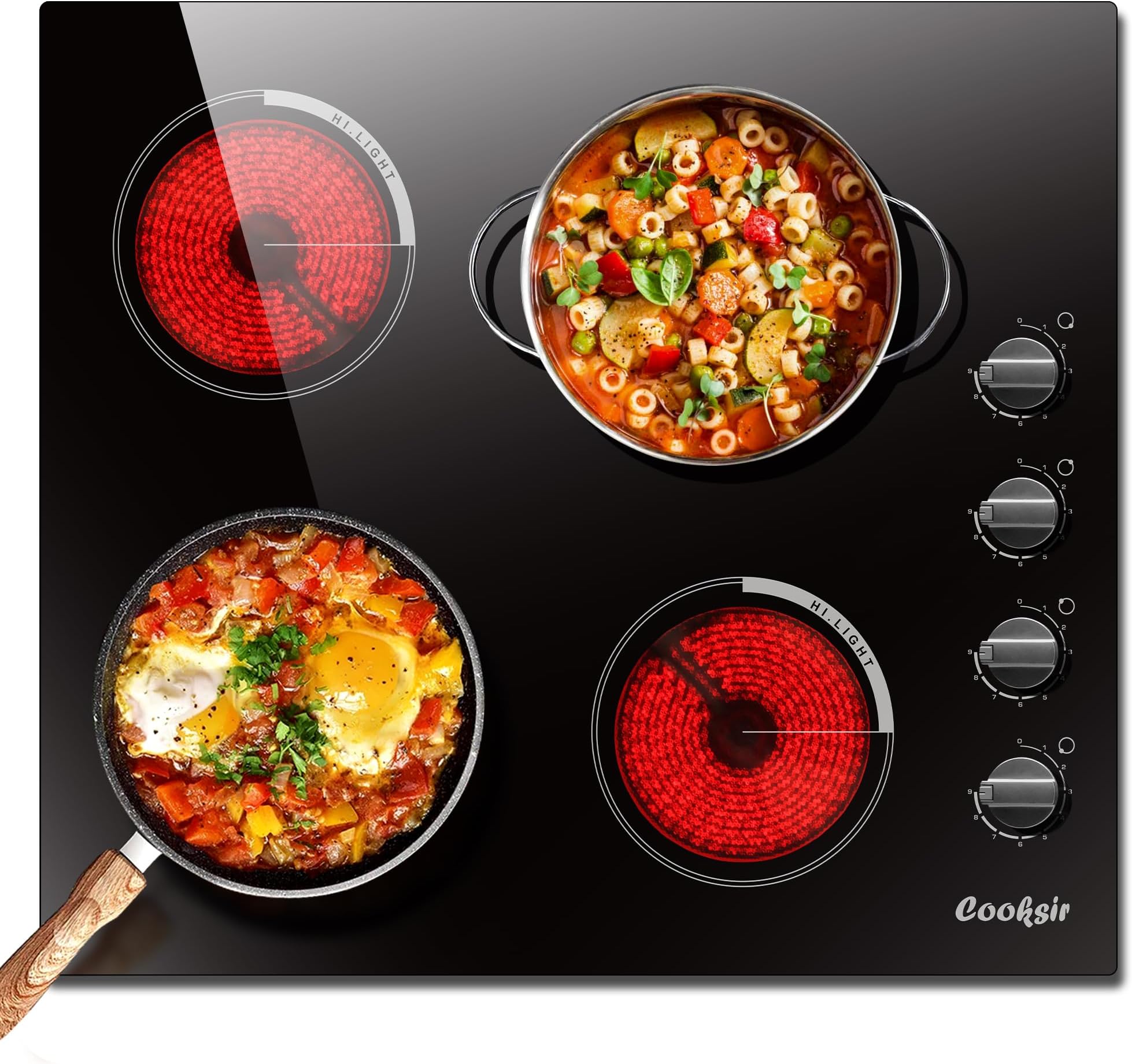 Electric Cooktop 24 Inch - 4 Burner Built-in Electric Stove Top 6000W, Radiant Electrical Stovetop with 9 Heating Level, Knob Control, Auto Shut Off Protection, 220-240V Hard Wired (No Plug)