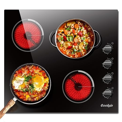Electric Cooktop 24 Inch - 4 Burner Built-in Electric Stove Top 6000W, Radiant Electrical Stovetop with 9 Heating Level, Knob Control, Auto Shut Off Protection, 220-240V Hard Wired (No Plug)