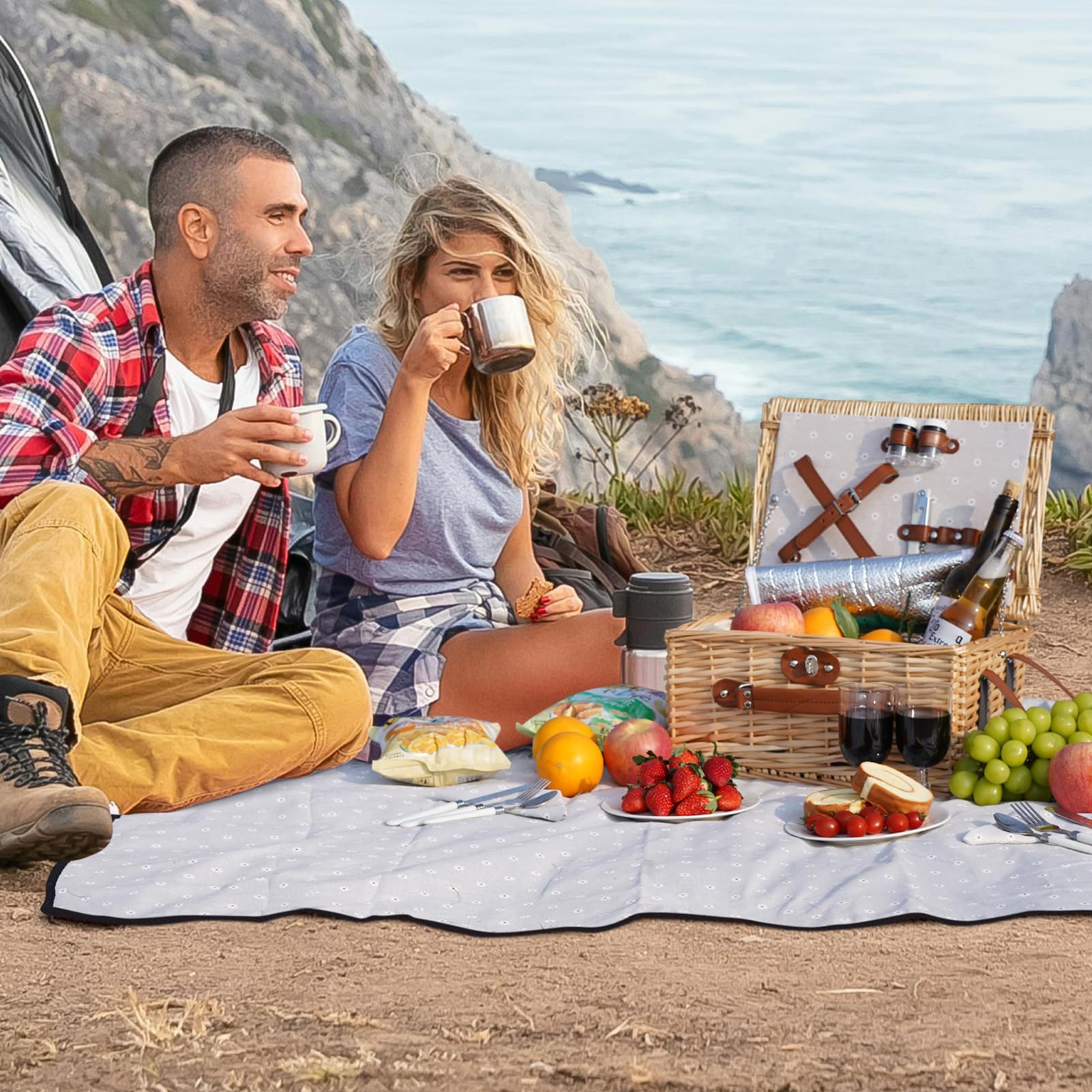 HappyPicnic Picknickkorb-Set für 2 – Weiden-Picknickkorb mit wasserdichter Decke & isoliertem Innenfutter, großer handgefertigter Weidenkorb mit Besteckset für Outdoor, Picknick, Camping, Urlaub