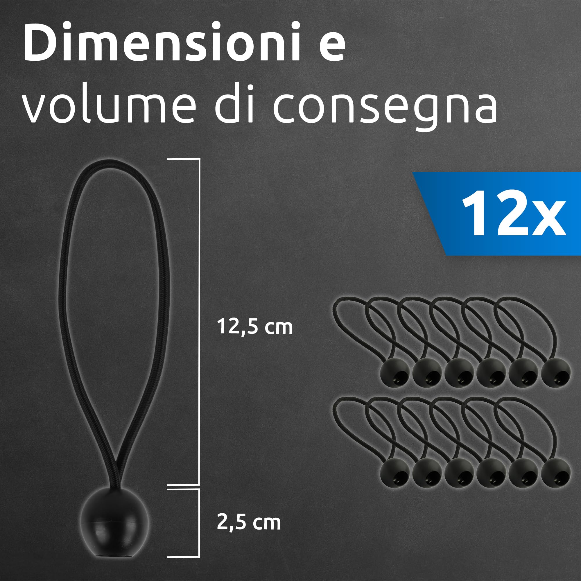 12 Corde Elastiche Con Pallina Nere | Multiuso Per Tende, Teloni E Campeggio | 150mm Lunghezza, Carico 9kg