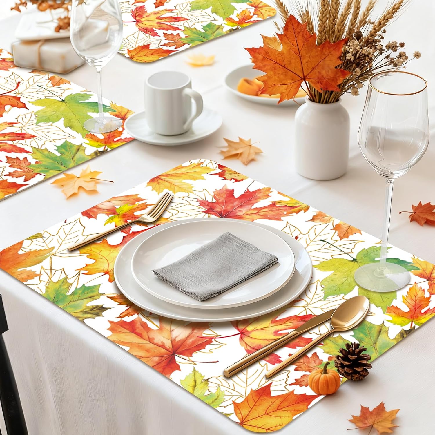 Thanksgiving Plastic Placemats Set of 6, 11x16 Inch Wipeable Fall Maple Leaf Place Mat Stain Resistant Table Mats for Autumn Harvest Thanksgiving Party Kitchen Dining Decor