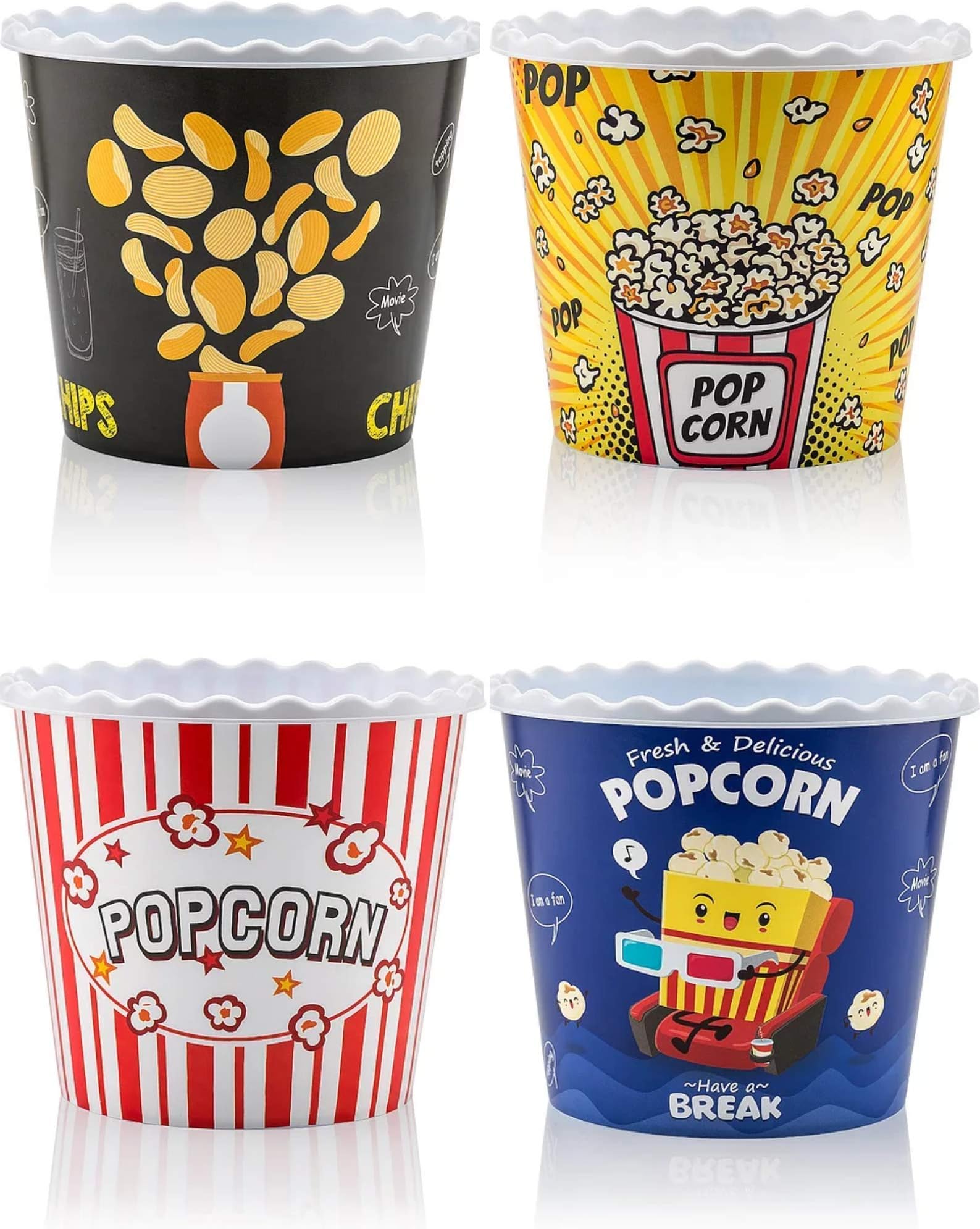 Modern Style Reusable Plastic Popcorn Containers / Popcorn Bowls Set for Movie Theater Night - Washable in the Dishwasher - (BPA Free-4 Pack) (Color: Yellow, Brown, Red/White and Blue Popcorn Boxes)