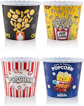 Modern Style Reusable Plastic Popcorn Containers / Popcorn Bowls Set for Movie Theater Night - Washable in the Dishwasher - BPA Free-4 Pack Color Yellow, Brown, Red/White and Blue Popcorn Boxes