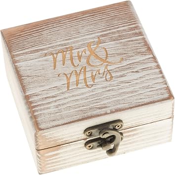 Ella Celebration Wood Ring Box for Wedding Ceremony Rustic Vintage Ring Bearer Box, Unique Engagement Ring Holder Boxes for Marriage, Mr & Mrs Decorative Boho Jewelry Favor Gift Antique White