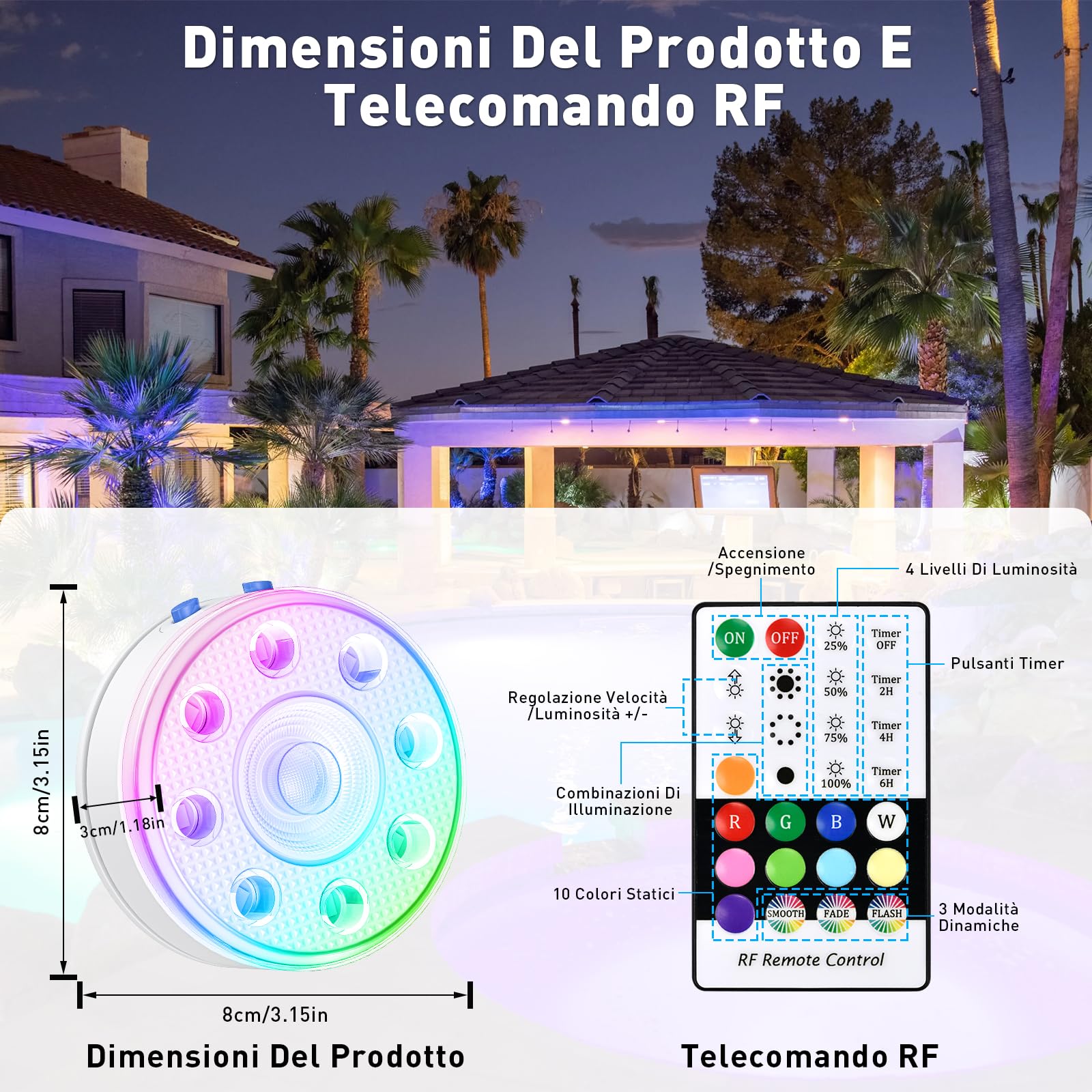 Luci per Piscina Fuori Terra Galleggianti Ricaricabile con Telecomando, 16 Colori Luce LED RGB Subacquea Impermeabile IP68 per Acquario Laghetto Giardino Festa, 2 Pezzi