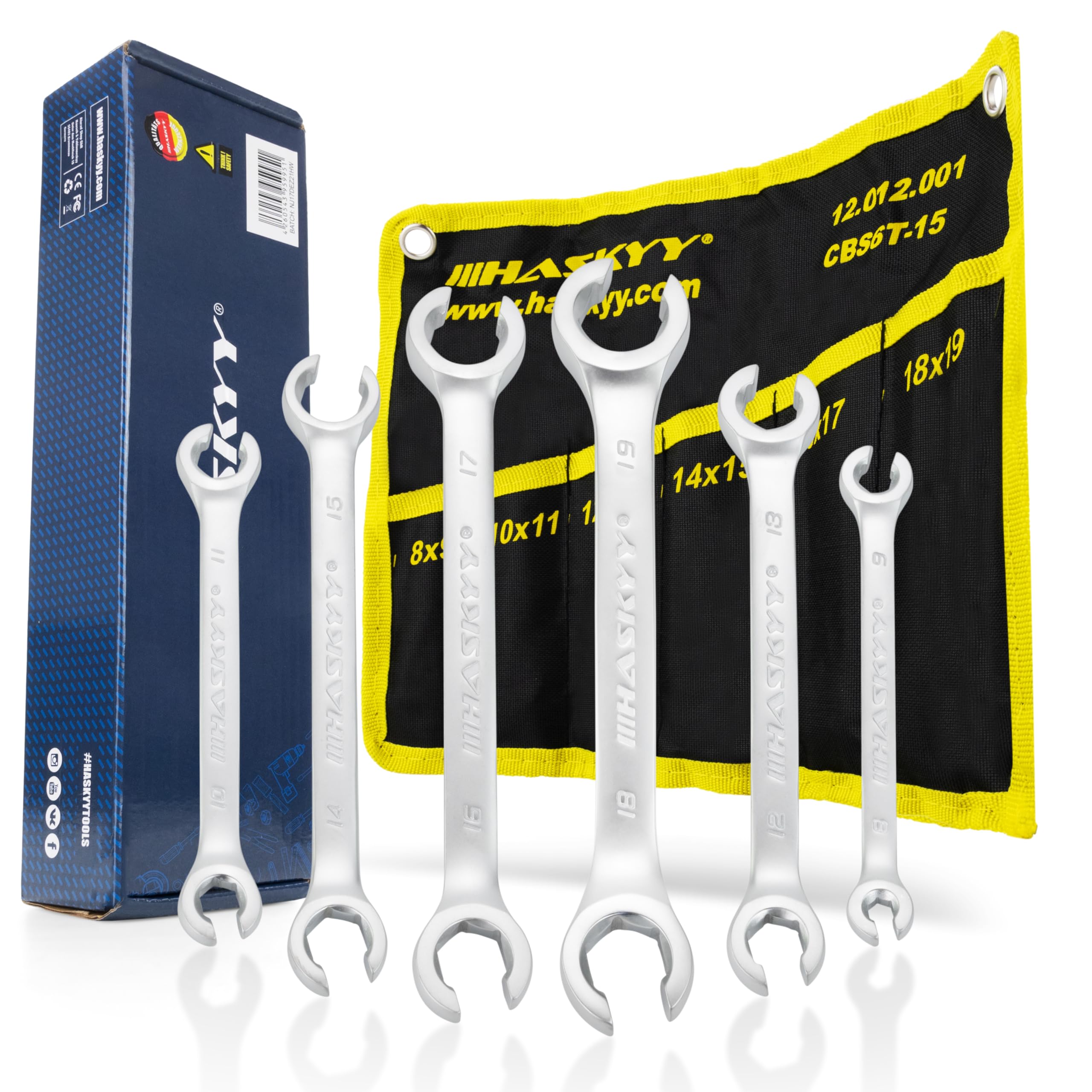 HASKYY 6 tlg. Bremsleitungsschlüssel SET I Offener Ringschlüssel I Leitungsschlüssel Bremsleitung 8-19mm