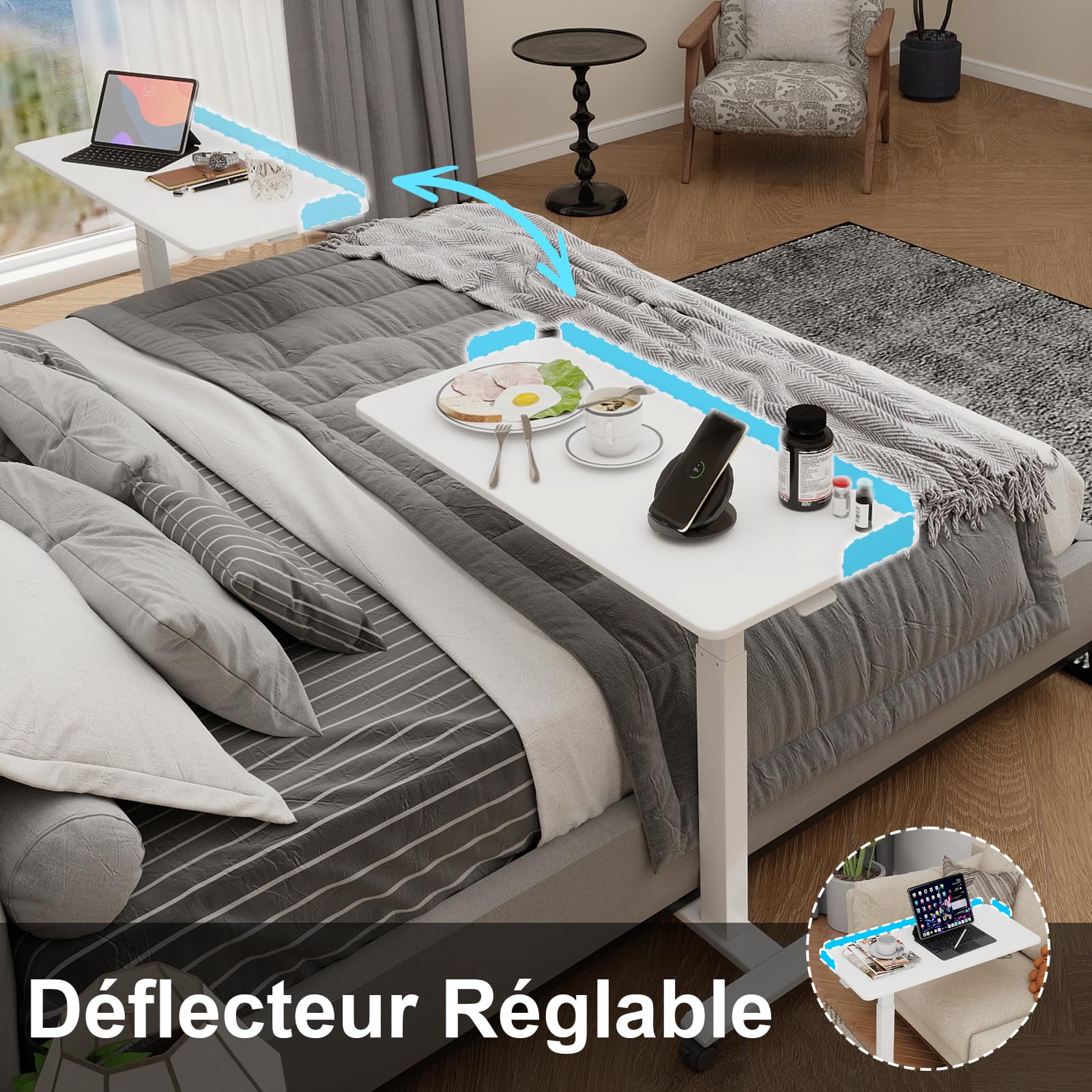 PUNCIA Table de Lit allongée de 90cm avec 4 Roues Bureau Debout (Blanc)
