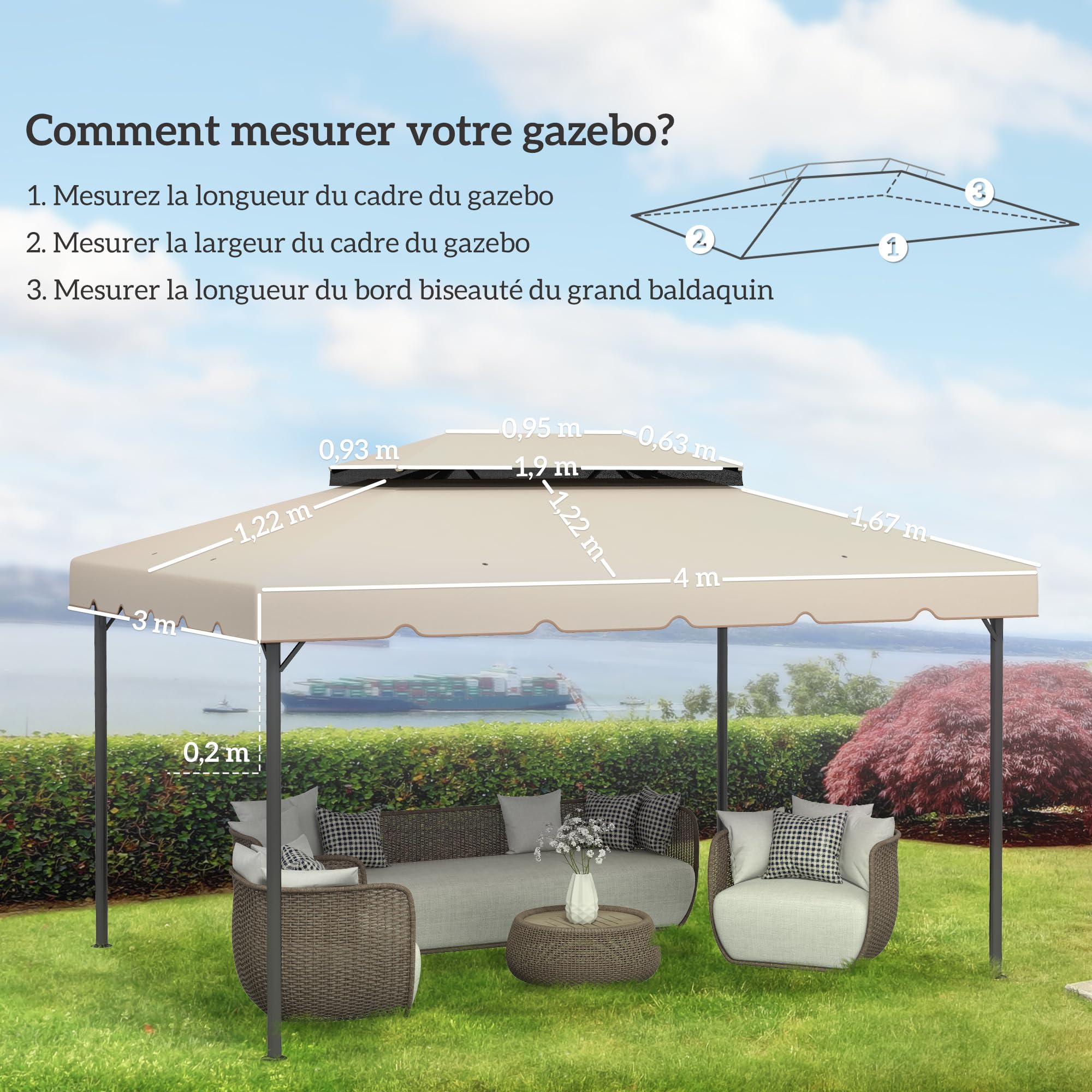 Outsunny Toile de Rechange pour pavillon tonnelle Tente Toit de Remplacement Gazebo de Jardin Tissu Polyester Haute densité 170 g/m² 4 x 3 m Beige