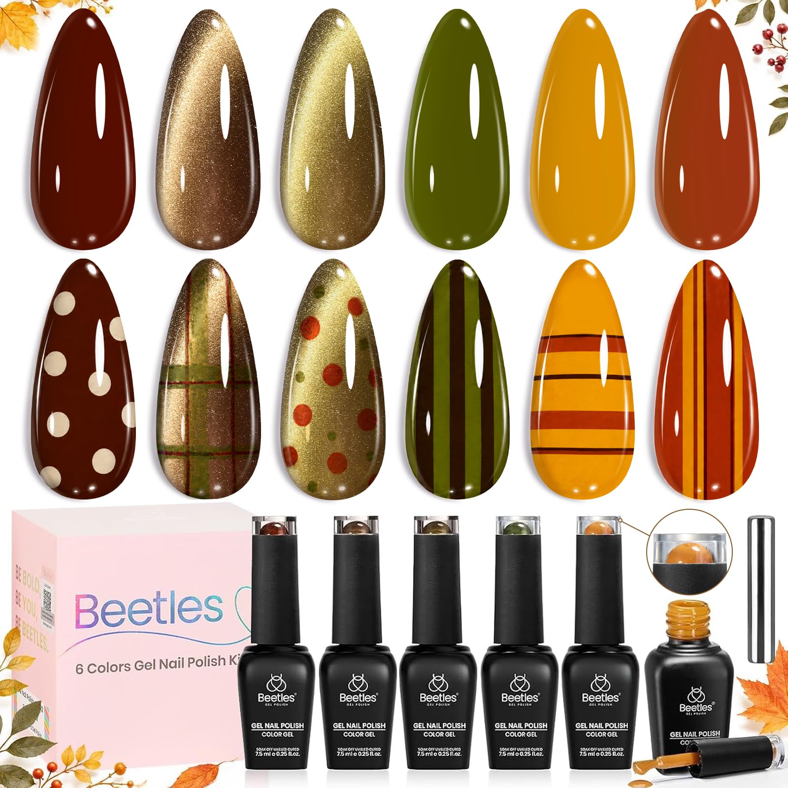 Beetles Fall Gel Nail Polish Set, Burgundy Brown Olive Mustard Orange | 6 Color Warm Autumn Shades, Cat Eye Solid Color  — beauty deal on Shopping With Noya