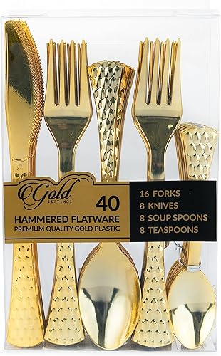 Party Bargains Juego de cubiertos martillados desechables, 40 unidades 16 tenedores, 8 cucharas de sopa, 8 cucharaditas, 8 cuchillos, oro, cubiertos