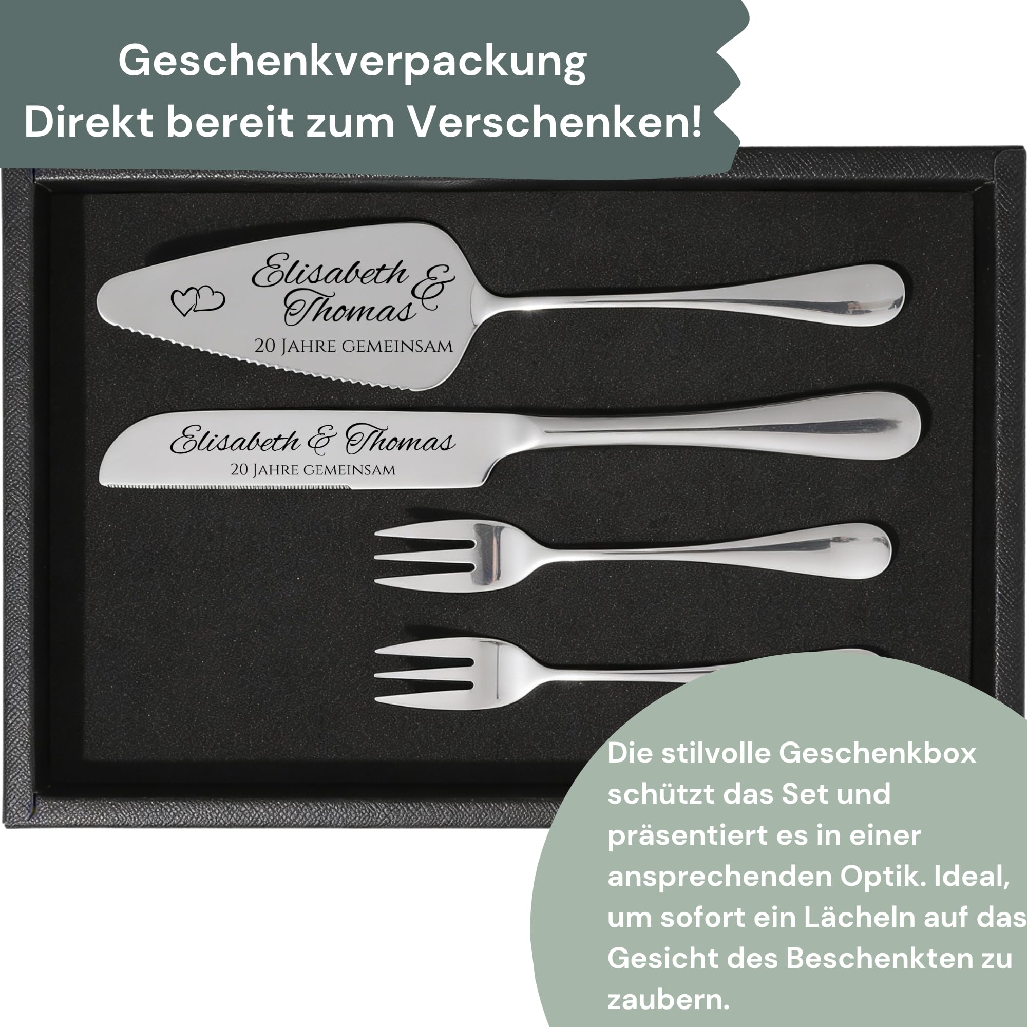 SMARTEON Let's Eat Cake Cake-Server Set mit Tortenmesser und Personalisierter Gravur – Geschenke für Brautpaar, Geburtstag, Jubiläum,Konfirmation,Kommunion, Muttertag (Gold+Gabeln, Initialien)