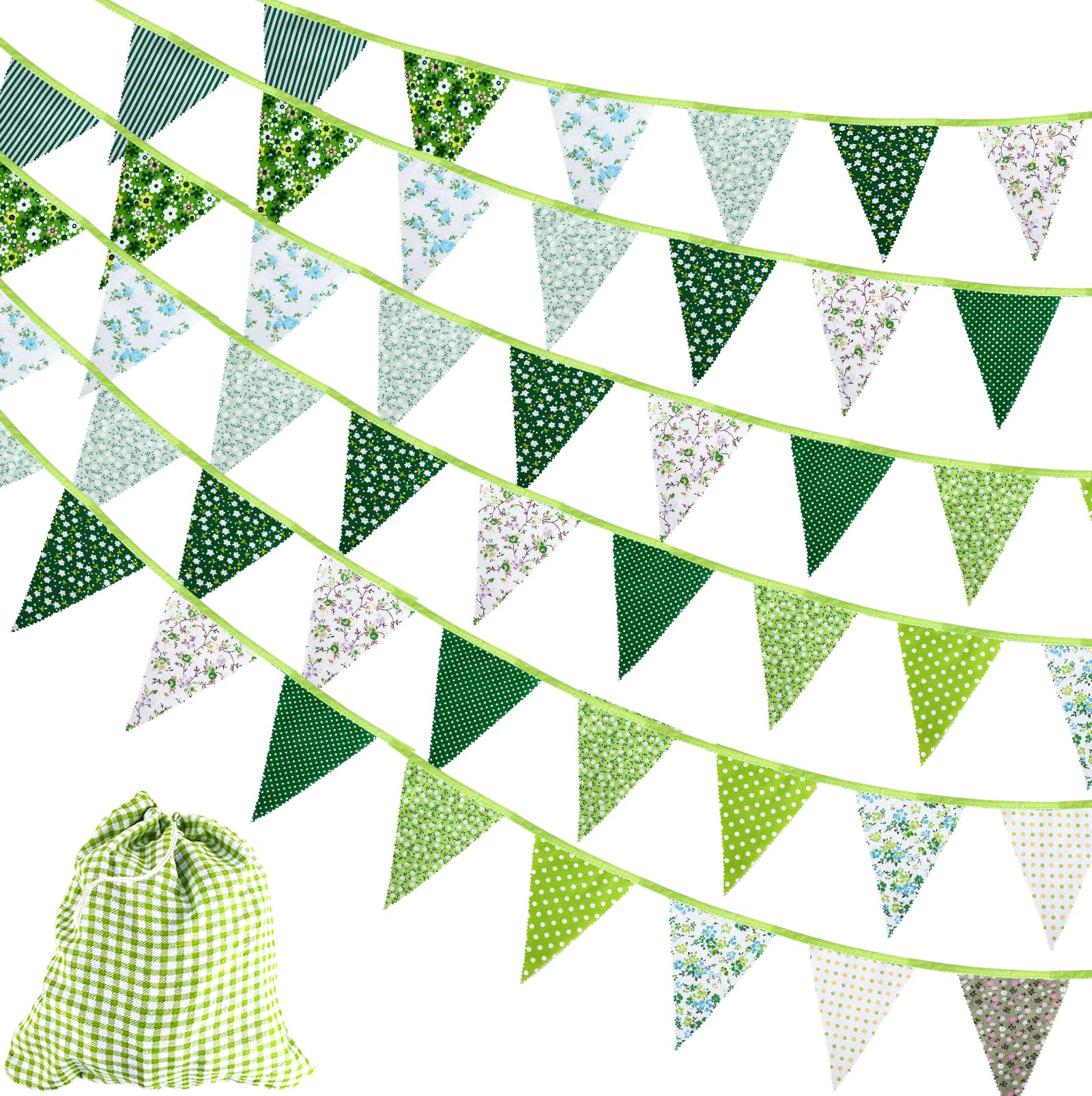 40FT/12M Fabric Bunting Banner, 42PCS Fabric Triangle Flag, Reusable Cotton Bunting Floral Pennants, 15x19 CM Outdoor Bunting Party Bunting for Garden Wedding Baby Shower Birthday Parties (Green)
