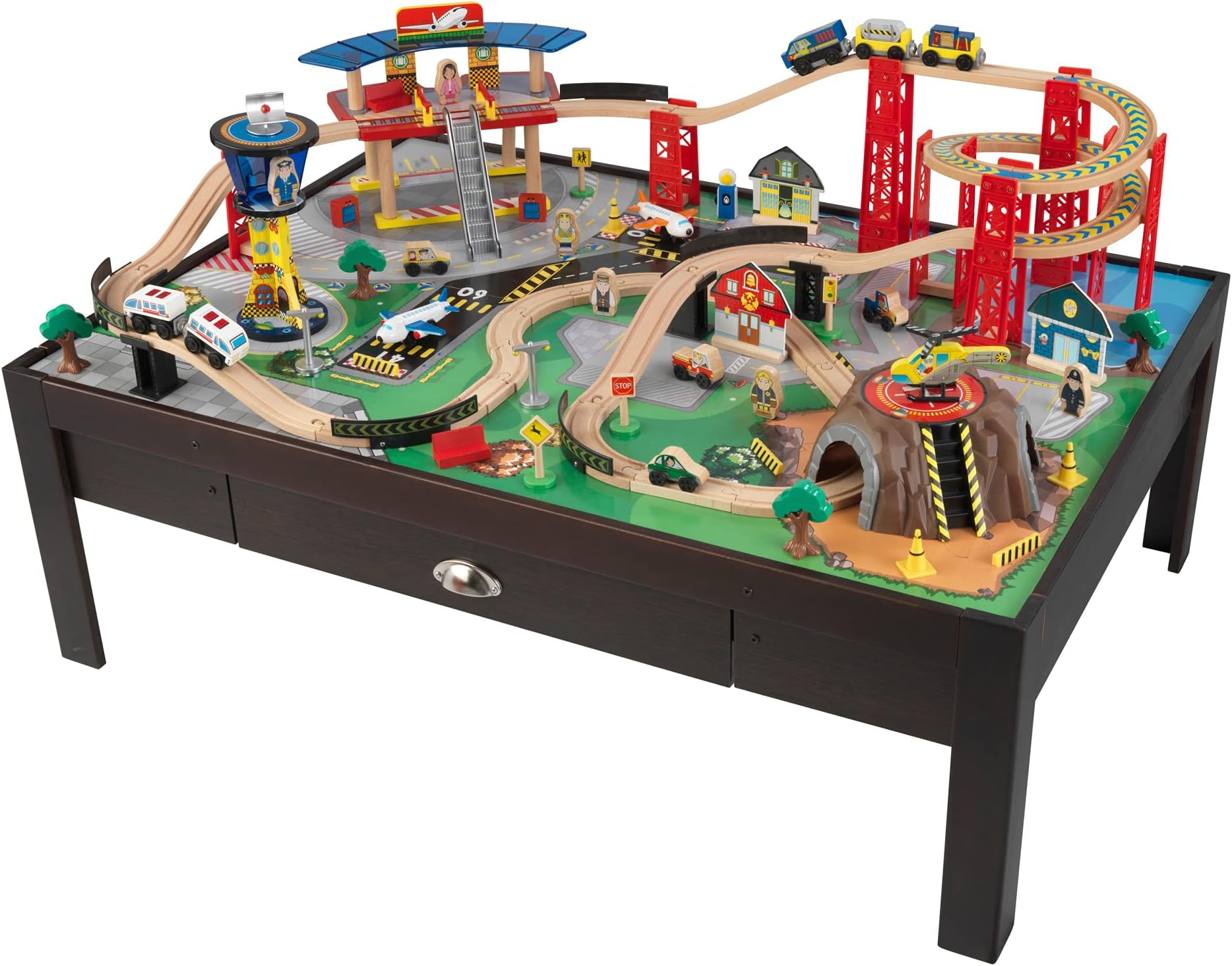 KidKraft Multi-Level Airport Express Espresso Train Set & Table, Multi-Colored Toy, Planes, Trains, Cars, Helicopters, Multiple Kids Play, Gift for Ages 3-8 46.25 x 32.5 x 15.5