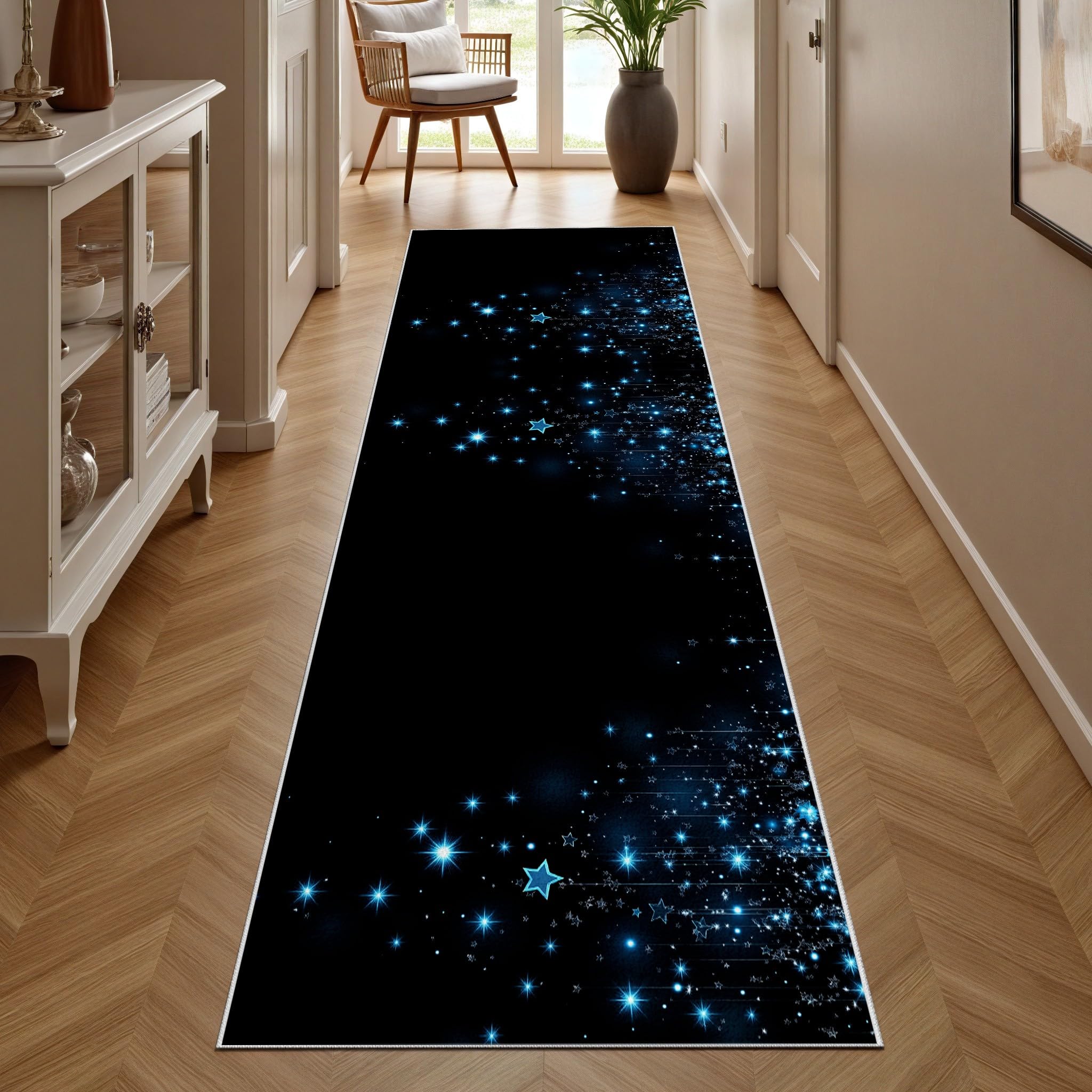 Teppich Läufer Flur Weltraum Stern Lang Waschbar und rutschfest Galaxy Sternenhimmel Küchenläufer Universum Nebel Flurteppich für Küche & Eingangsbereich 60x150 cm