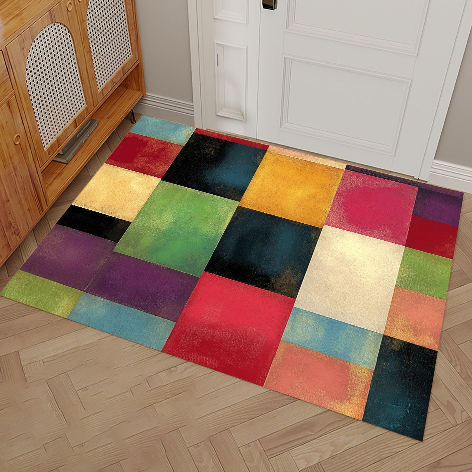 Paillasson Rétro Abstrait 80x120cm Tapis de Sol Intérieur Doux Carrés